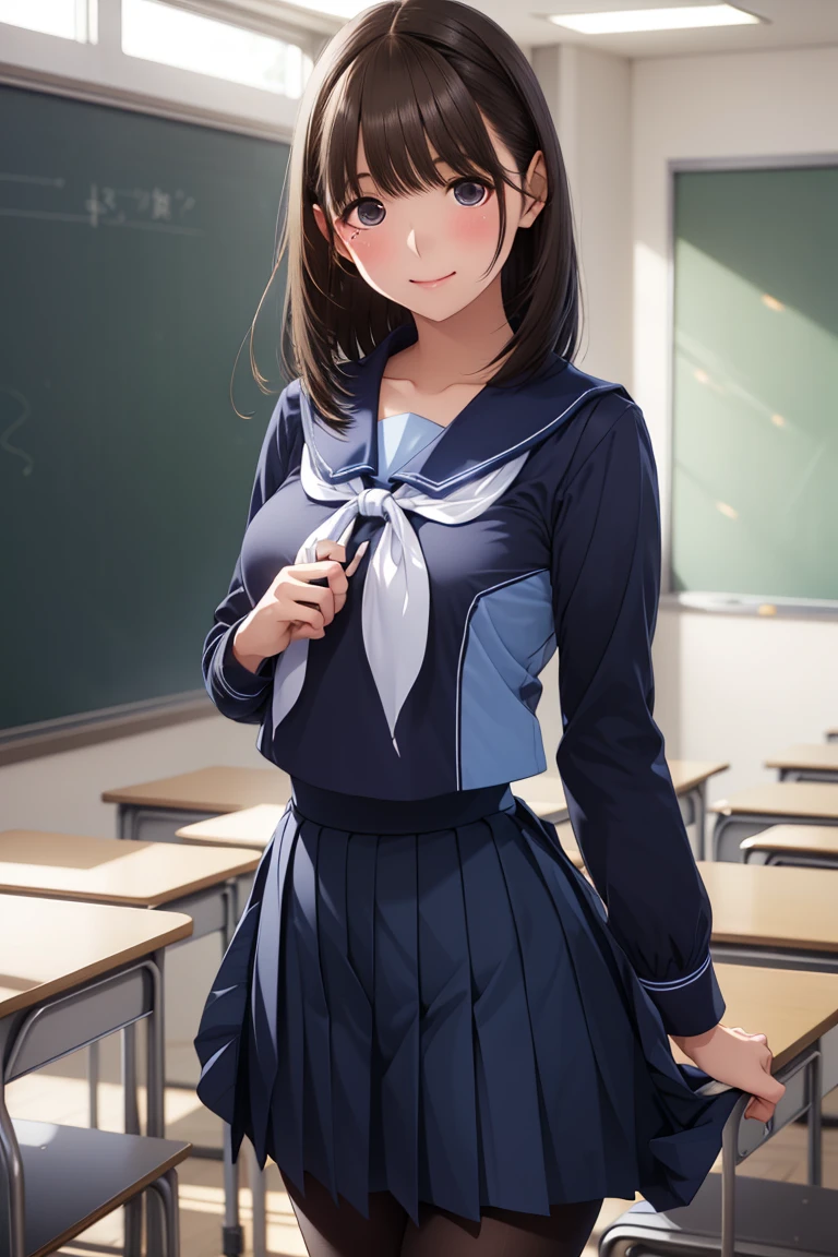 ({Very Aesthetic}, {Very Detailed}, {Very Real},1 Cute high school Girl, from front, brown hair, semiLong Hair, Handsome Face, Delicate Eyes, (school uniform),Delicate Body, smile, (blue skirt), day, classroom,