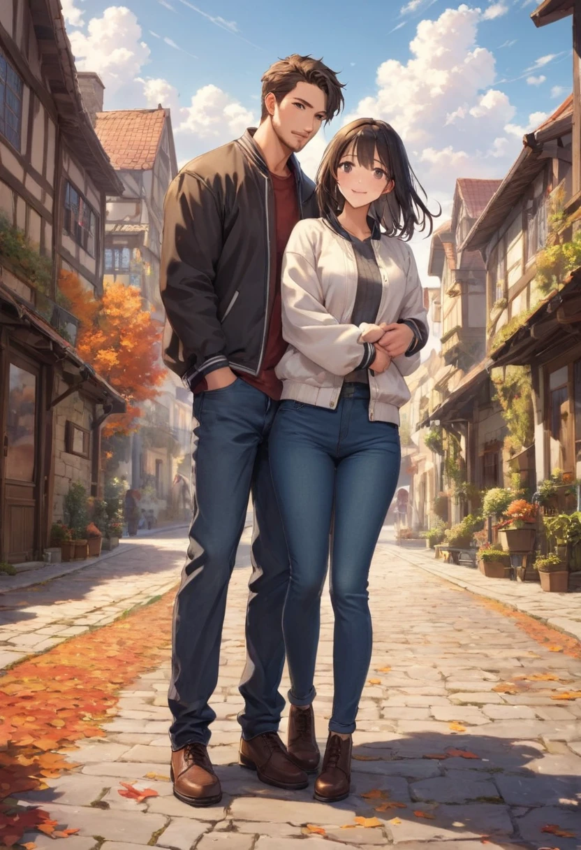 Create a scene of a cloudy autumn day in which a Caucasian man and an Asian woman is standing and hugging. The muscular Caucasian man in his thirties with short coiffed hair, neatly groomed beard, and he is dressed in a letterman jacket and jeans, while his beautiful Asian girlfriend in her twenties with black eyes is wearing a wool sweater. Her silky long black hair is flowing in the breeze. The touch of blush shows their happiness and strengthens this romantic scene of warmth, love and carefree joy. The background features a quiet medieval town while its autumn leaves creating a cozy atmosphere. height difference couple, ((international couple)), couple shot, blush, (wide view), (looking at viewer), from below, ((full body)), lovers, soft natural lights, highly detailed, very fine, add_detail:1, add_detail:0, add_detail:0.5