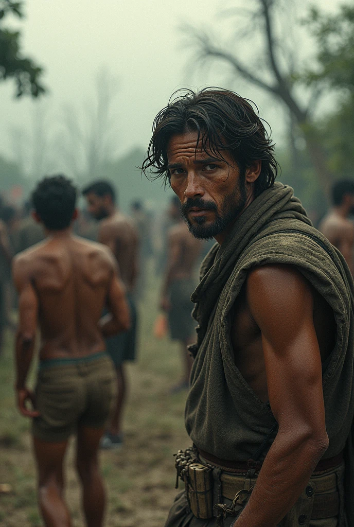 ten mens, Grey dress, physical type from the interior of Brazil, flexible and agile, but with good muscularity, handsome face with beard, light and compact clothing reminiscent of a rogue/ninja, Assassin's Creed style daggers on the wrists, character alone in a forest with medium lighting