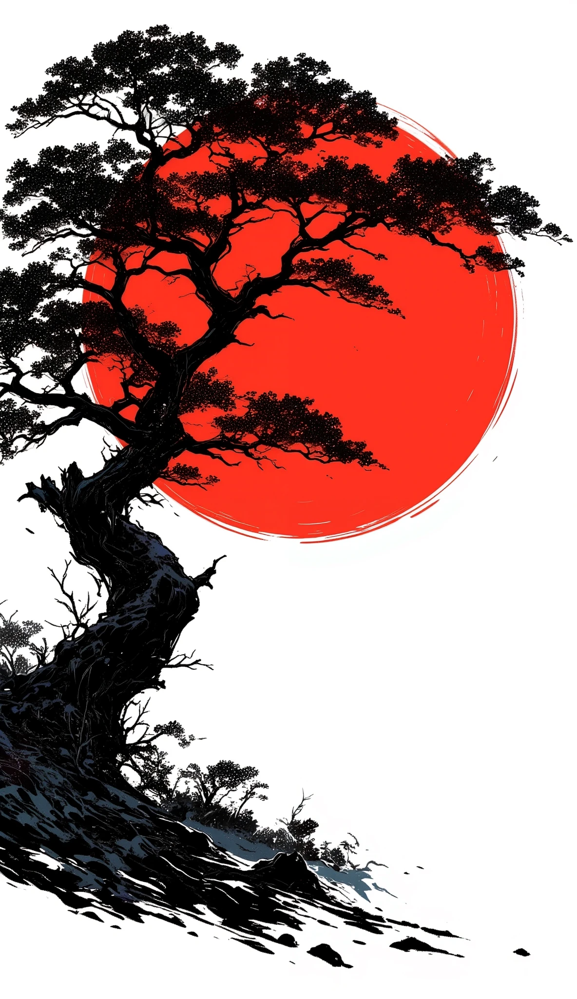 A high-quality manga-style illustration with no background, Old dark tree in black with dense leaves, in the background a red sun in Chinese style. The design is isolated, with clean edges, and ready for use on a white T-shirt. The red sun are arranged in a balanced composition, ensuring no overlapping background, no sky, no characters. white empty background, peace