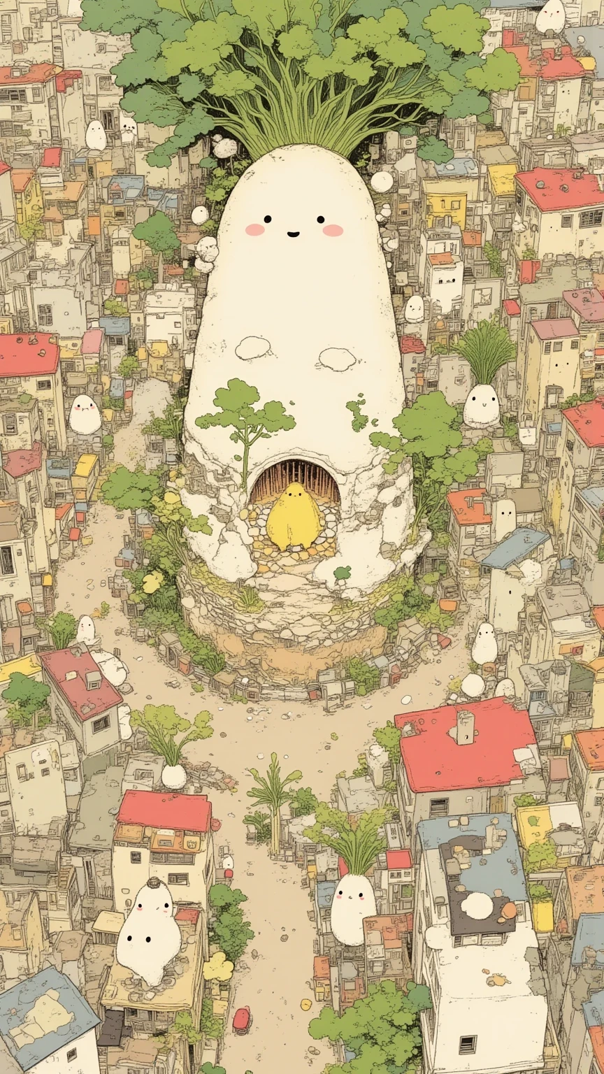 Fairytale Town , View of the winding streets of a city with lots of buildings and houses with daikon motifs, さまざま Fairytale Town , daikon shaped house , radish sprout parasol , Winding Street , from above, from above見た視点, Inspiring Bird's Eye View ,Mr.々 Fairytale Town , Allegorical Design , smooth design sketch , intricate design sketch , retrofuturistic , fusion of design and art ,Unique color tones, design art drone photography, Detailed precision drawing , View of the Daikon City taken with a drone , Top Down Perspective ,Top Down Perspective , Scenery Seen from a Bird's Eye , Crooked Road , city with daikon objects,