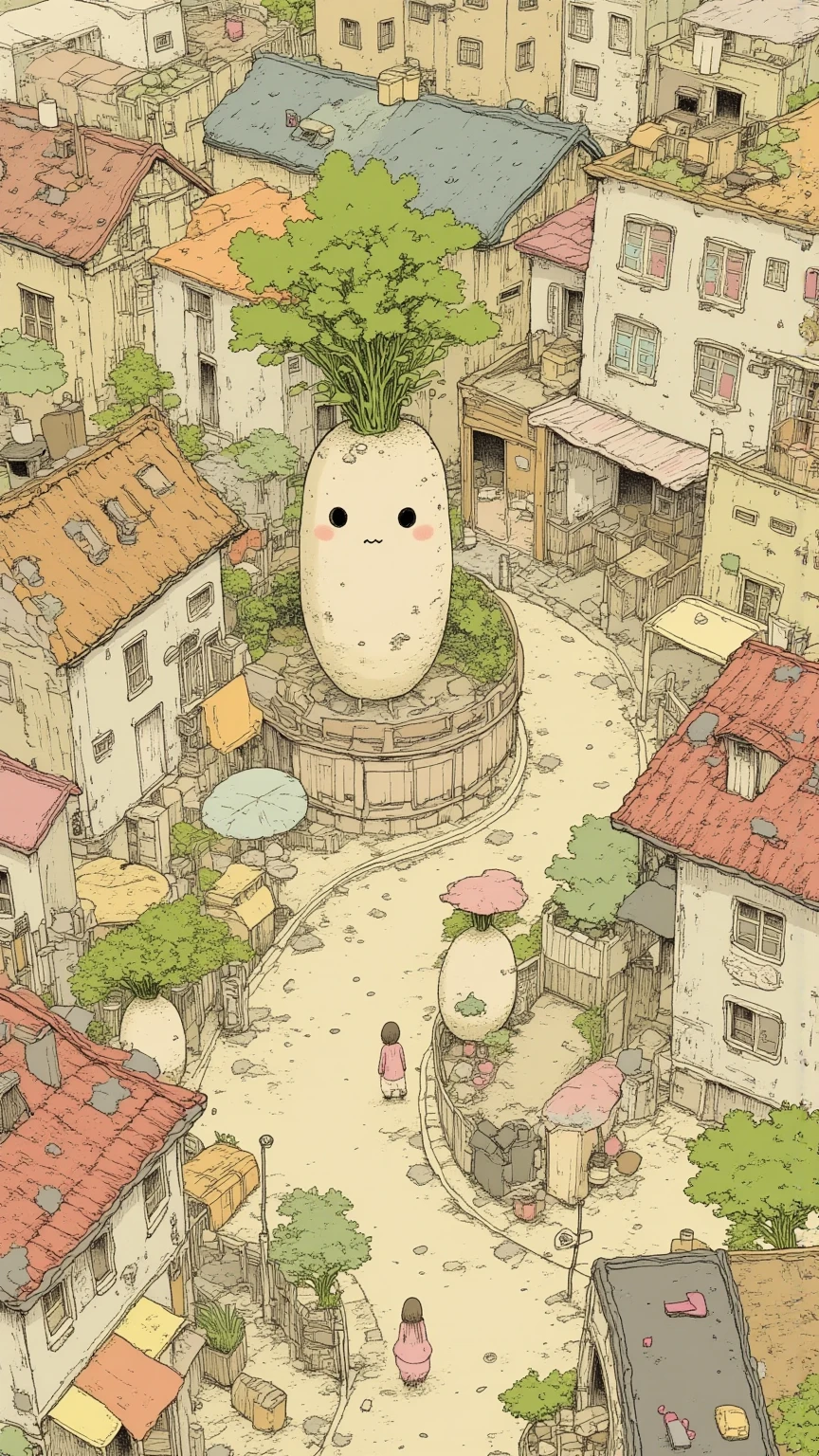 Fairytale Town , View of the winding streets of a city with lots of buildings and houses with daikon motifs, さまざま Fairytale Town , daikon shaped house , radish sprout parasol , Winding Street , from above, from above見た視点, Inspiring Bird's Eye View ,Mr.々 Fairytale Town , Allegorical Design , smooth design sketch , intricate design sketch , retrofuturistic , fusion of design and art ,Unique color tones, design art drone photography, Detailed precision drawing , View of the Daikon City taken with a drone , Top Down Perspective ,Top Down Perspective , Scenery Seen from a Bird's Eye , Crooked Road , city with daikon objects,