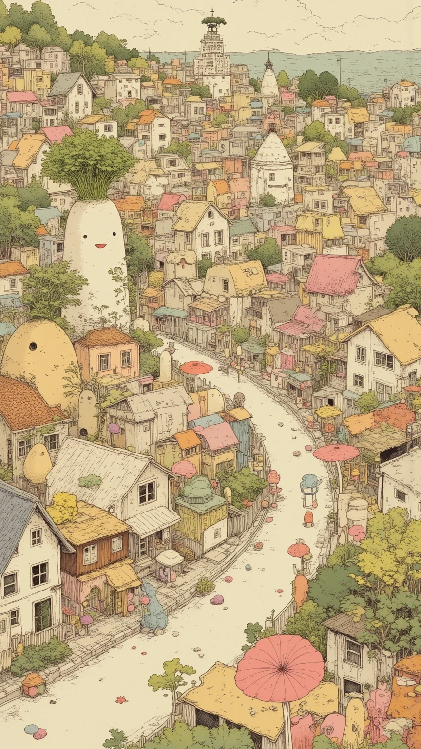 Fairytale Town , View of the winding streets of a city with lots of buildings and houses with daikon motifs, さまざま Fairytale Town , daikon shaped house , radish sprout parasol , Winding Street , from above, from above見た視点, Inspiring Bird's Eye View ,Mr.々 Fairytale Town , Allegorical Design , smooth design sketch , intricate design sketch , retrofuturistic , fusion of design and art ,Unique color tones, design art drone photography, Detailed precision drawing , View of the Daikon City taken with a drone , Top Down Perspective ,Top Down Perspective , Scenery Seen from a Bird's Eye , Crooked Road , city with daikon objects,