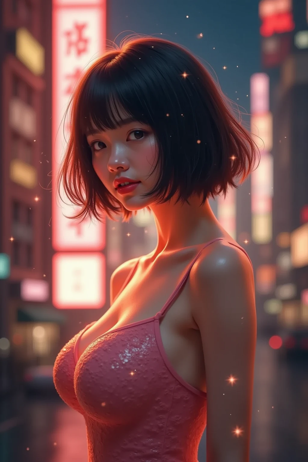 (8k, RAW photo, best quality, masterpiece: 1.2), (realistic, photorealistic: 1.37), 1 girl, Japan, 40s,, cityscape, night, professional lighting, photon mapping, radiosity, ripped, big, bright red see-through and very small bra, tip sticking out, areola protruding, pubic shape clearly visible, gal , Lots of lashes, lame eyelids, bright red lips, black heels, pubic hair, bristles on the lower abdomen, slender, crotch open, are big and seem to spill out of the bra