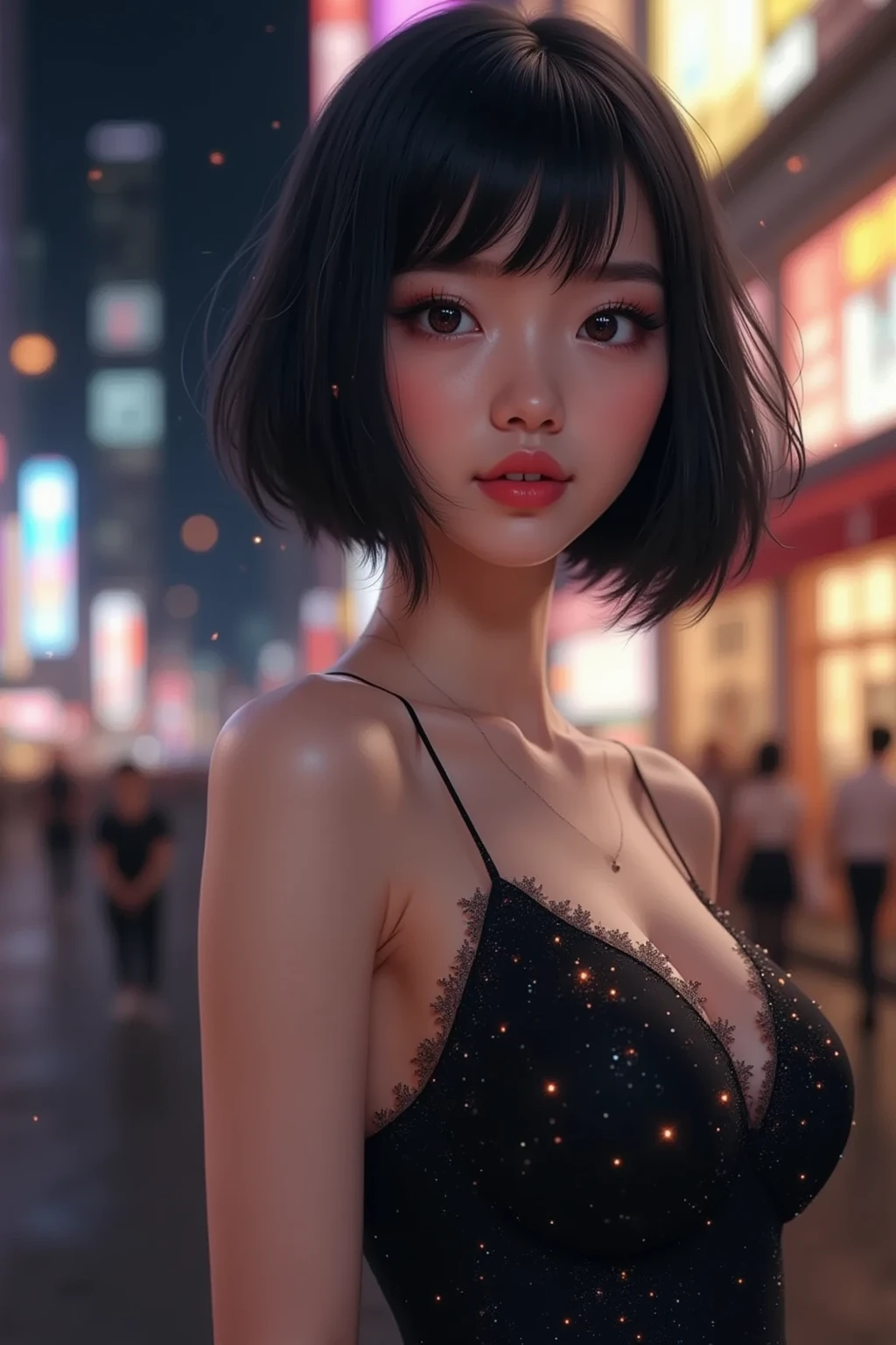 (full body shot, street lamps, moon),Masterpiece, 1girl, solo exhibition, beautiful woman on the bustling street, beautiful goddess girl portrait, beautiful and detailed face, porcelain skin, (((bust shot, center, night, black hair, short hair)), super soft lighting, symmetry, complexity, elegance, high detail, realism, art, concept art,