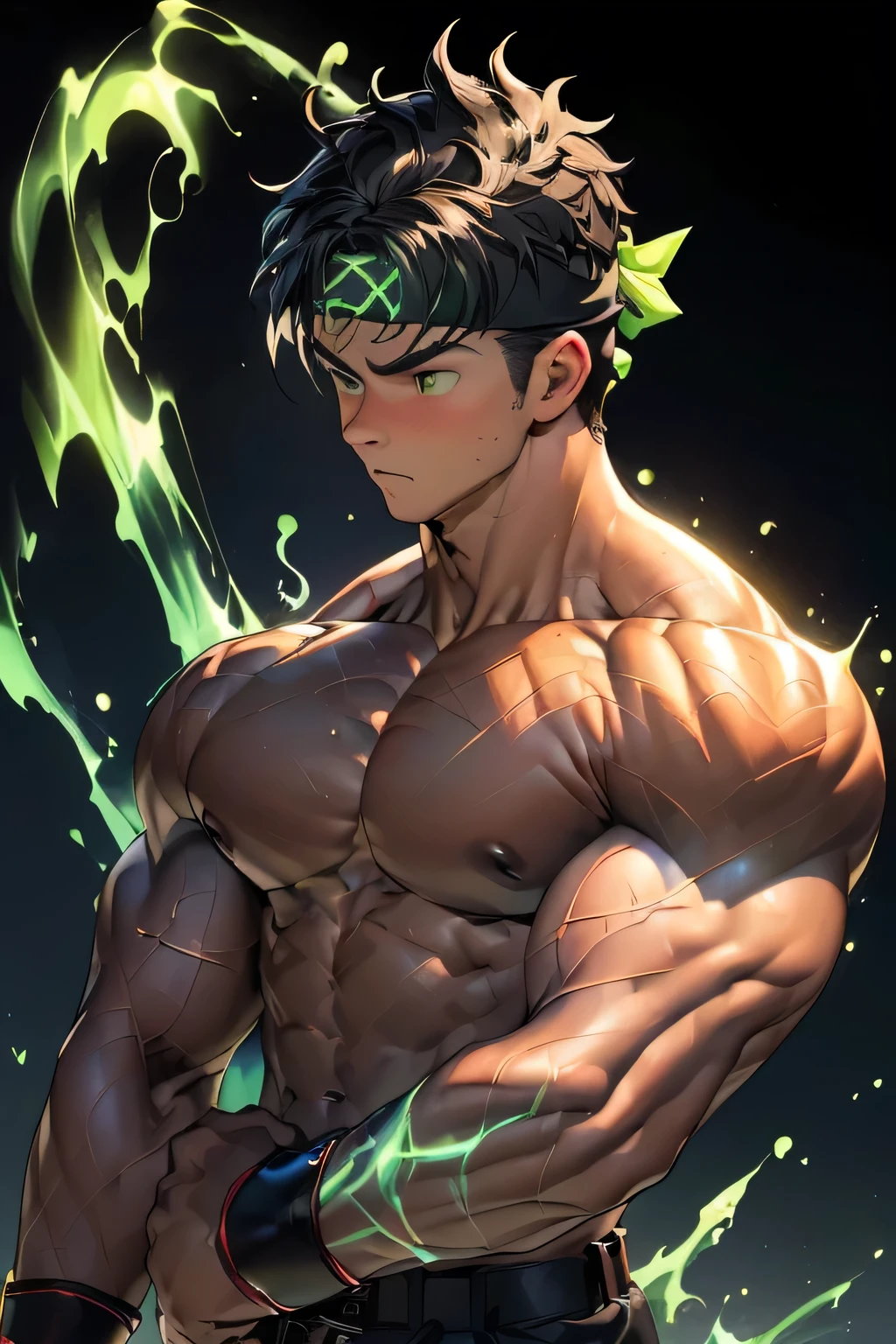 ((masterpiece, best quality, stalwart, (Depth of field:1.2))), (((((black background, deep night, upper body, side shot, dynamic angle, ambient light, looking up))))), (worm green eyes, Young boy, muscler, Shirtless, topless, floating hair), ((((1boy, flesh, tough, reliable, developed body)))), (Dark Short straight hair, green eyes, ((almost completely shaved hair)), under cut), (((red headband, black trouser, belt, boots, monk style))), Vivid colors, ((big breast, big abs, big shoulder, muscular body, sturdy body, defined round and fleshy pecs, defined round and fleshy ABS, defined round and fleshy armsmuscular, well-defined muscles, shouldermuscler)), muscler!, muscler body, detailed face, detailed muscle, (((rippling muscles, Flowing energy, wearing wind to emphasize the power of his aura. Highlight his aura, blue and green aura effect, wearing energy stream, random pose, relax:1.2)))