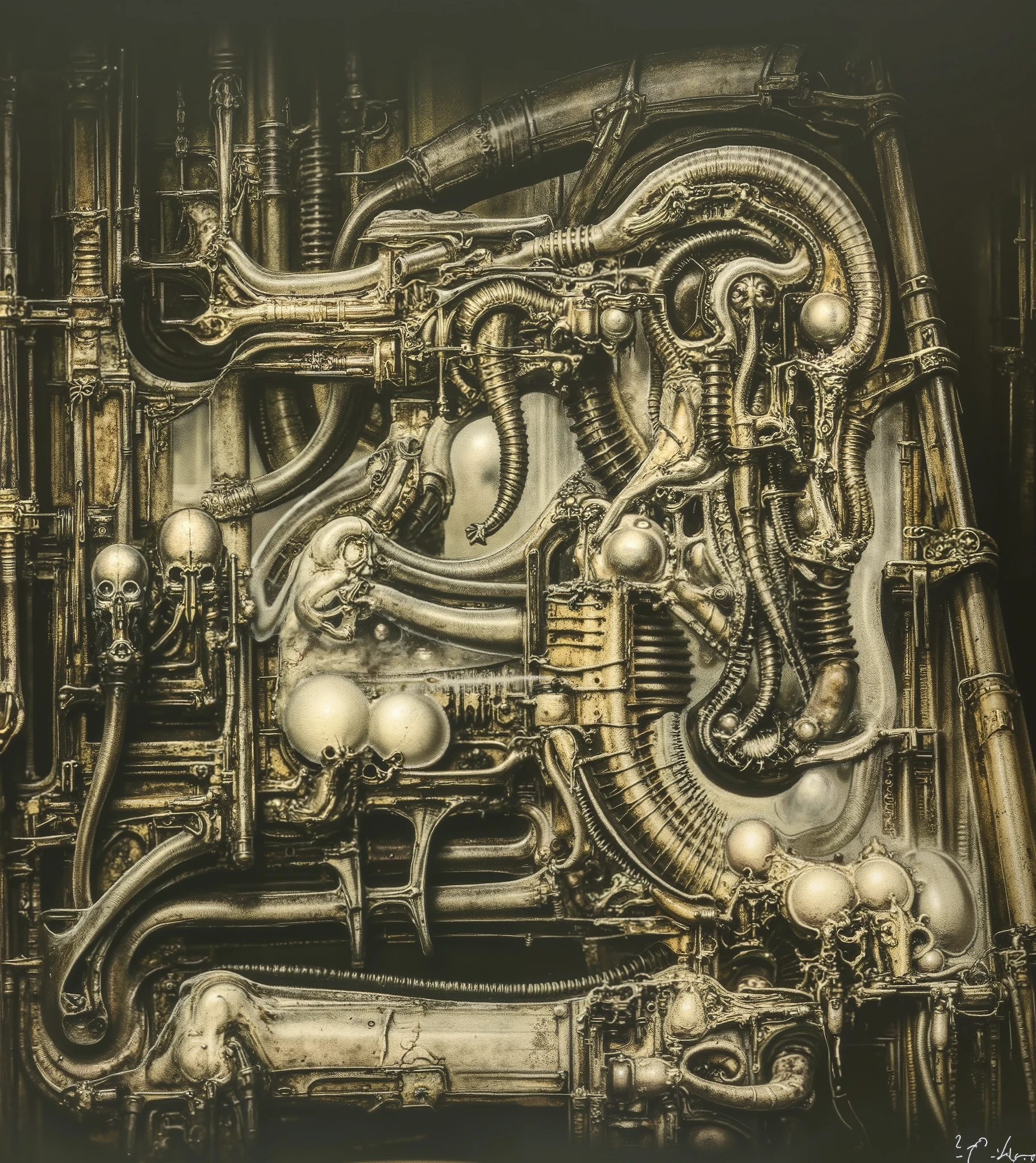 Please reproduce the original image as accurately as possible, capturing the intricate details of the biomechanical structures, the dramatic lighting, and the overall sense of unease. Find and enhance depiction of Giger's demons and creatures.(best quality:1.4). Use DARK BLACK COLORS.The final image should evoke the same sense of awe and dread as the original artwork by H.R. Giger,, (best quality:1.4), H.R. GIGER,  BY GIGER