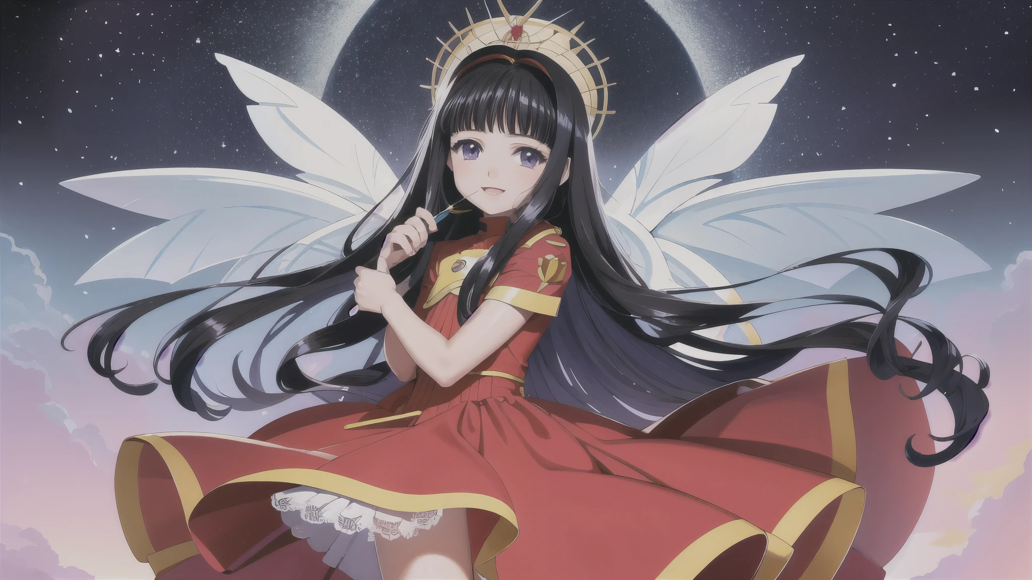 ( Masterpiece), ( top quality), ( complicated details), ( Illustration of ), ( is ridiculous), (Ecstatic),
detailed, (poster Illustration of ),
Tomoyo, Tomoyo-e, (Clamp:1.4), Daidouji Tomoyo ,
One person8 girl, Alone, smile, file, long hair, above Decorati has , White headdress, black hair, purple eyes, blunt bangs,
( skinny fit), ( Watch Viewers ), (), ( full body), Very Exquisite Face ,
( Detailed Biography:1.2),
beautiful legs, detailed body, detail hand , ( super precision ), sharp, ( Hi-Res), ( high detail:1.2), detaileded, Soft Lighting , beautiful detailed glow,