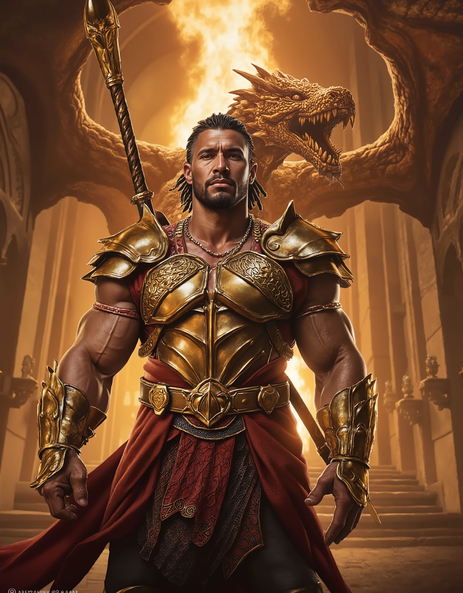 Masterpiece, Accurate, Award Winning, Best Quality, Extremely Detailed, 8K, HD, Super-Resolution, Realistic Textured Skin, F/11 Depth Of Field, Photorealistic, Full Coloured, Shot on 70mm, 5D, ((Shot from below)), ((3/4 Profile View)), ((Full Body Image)). A tall, handsome, muscular ((Polynesian)) bodybuilder, 20 years old, stereotypical (Polynesian features), (wide round nose, full lips, large expressive eyes, rounded jawline, fuller cheeks), bodybuilder physique, hero proportions, thick neck, wide shoulders, thick powerful hairy chest, golden tanned skin, wearing a golden armour, carrying a large spear, standing in a castle with a large fire-breathing dragon behind him.