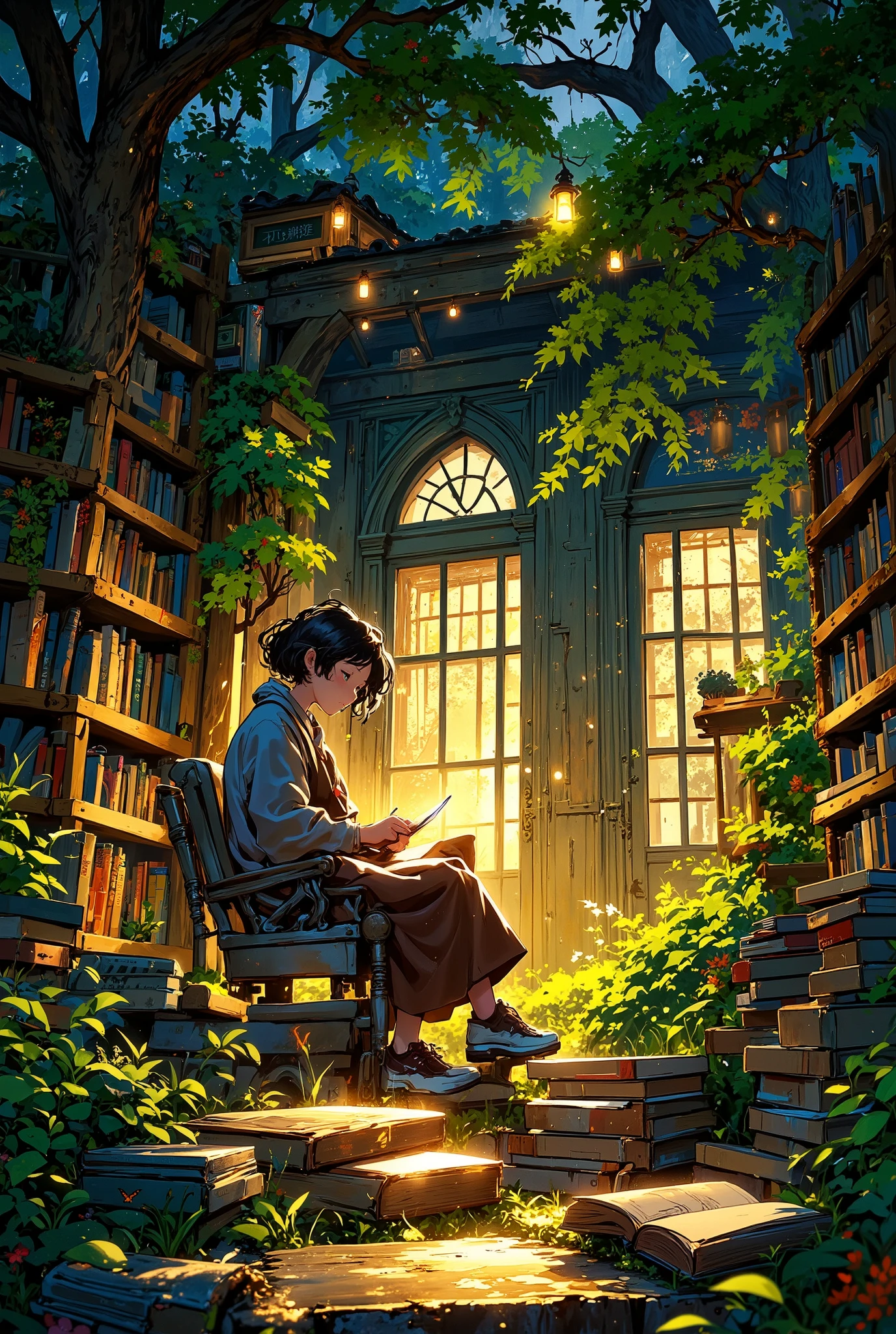 1 girl,Read,A captivating illustration of a stack of books nestled together, forming a mini library in a cozy, natural setting. Each book is meticulously drawn with visible texture and detail, as if they beckon to be read. The soft, warm glow of the setting adds a touch of magic, creating a serene atmosphere. Anime-style illustration, full body view of the books and the environment evocative of a nature-filled library fantasy, where the joy of reading comes alive.Anime, Anime Style, Japanese Illustration Style, High Resolution, Anatomically Correct, High Quality, Super Detailed,