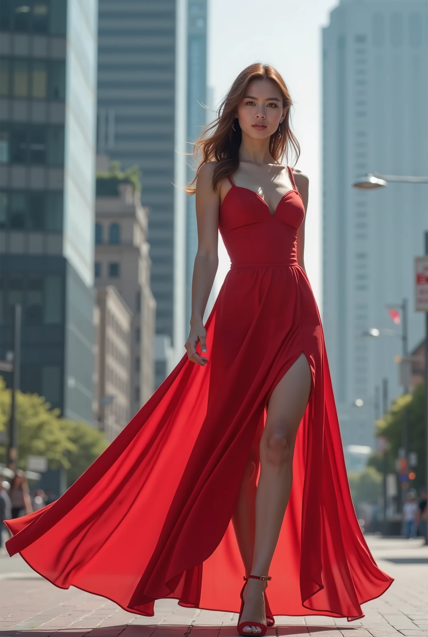Brunette Instaghram influencer, standing at the main gate of Edinburgh Castle, red flowing dress, legs spread, sunlight coming through the dress. hair blowing in the wind, dynamic lighting, wet reflection on the ground