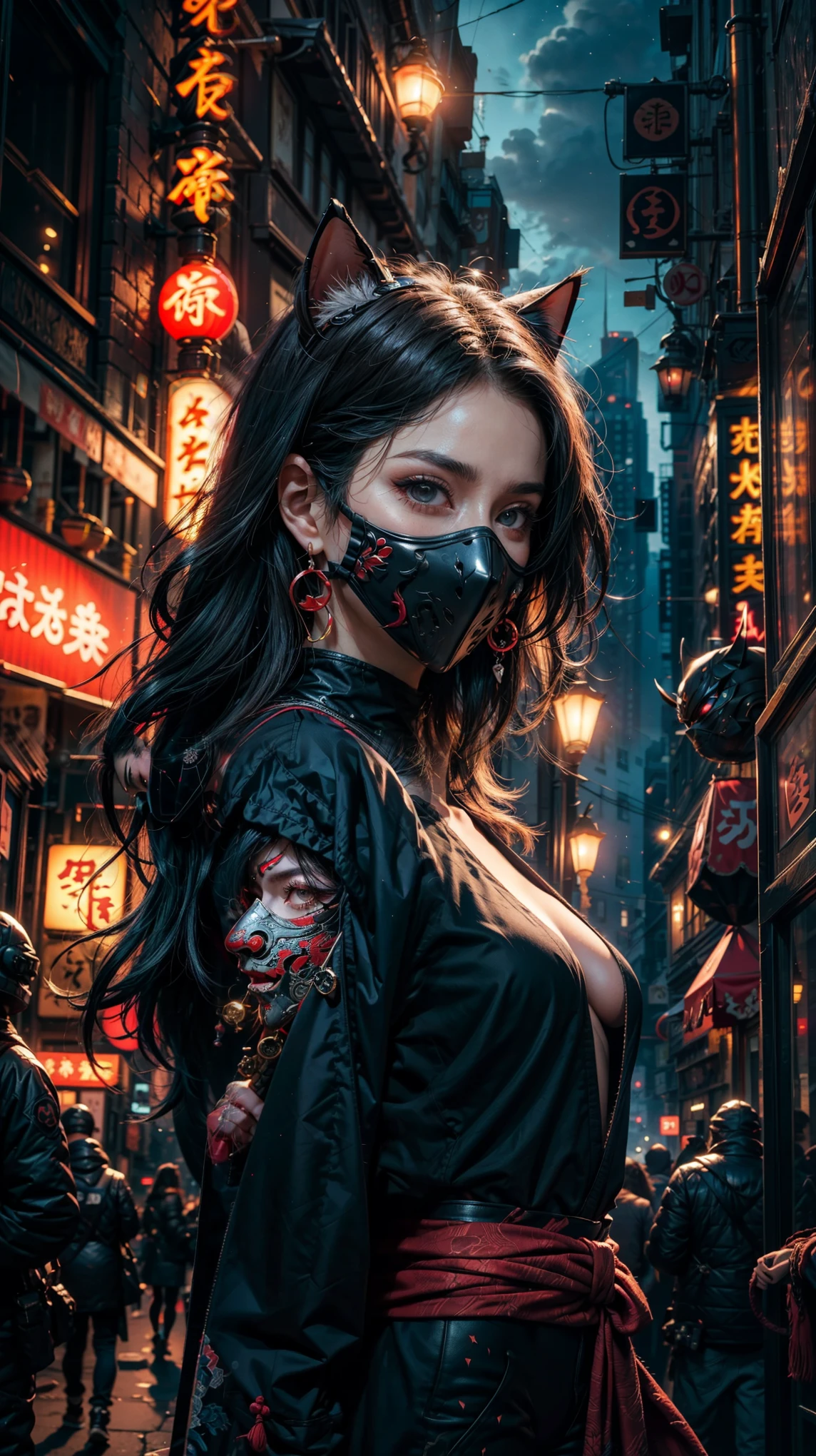 Futuristic ninja girl with feline kabuki mask, pale with short and messy hair , black hair/red with wicks , huge eyes, bright eyes, bare kabuki mask , fair skin ,fog, night, Ninja pose , sexy ninja clothing with neckline and mesh top , holds a futuristic katana with shiny neon blade, flirty expression , jumping between buildings neon , detailed, ultra realistic skin texture , perspective take , Ninja Ciborg, ninja of the future , night shot with dark neon lighting , dark environment , ray tracing, extremely detailed and ultra intricate composition , looking at the spectator, Hanafuda earrings , mask/sale/ mask, Multiple views , foreground, Hood not on, depth of field , Futurism, Hyperrealism, Unreal Engine,