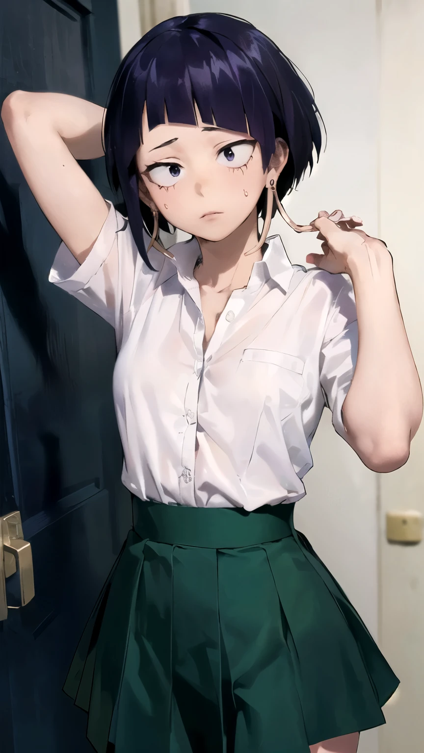 ((masterpiece,best quality)), {Horikoshi_Kouhei_artstyle_LoRA : Manga_Style} {horror_edit : creepy_room_aura} {} { (jirou_kyouka, short hair, blunt bangs, purple hair, long_earlobes, purple eyes, , perfectly_small_shape_breast : perfectly_slender_body : } { , School_uniform : white_shirt : green_skirt,, } { arm_behind_head :} {standing_still} { { no_emotion : hypnotic_eyes : hypnotized_eyes }} { sweating } { } : dark room : }
