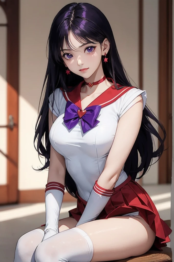 Masterpiece, best quality, high resolution, sama1, tiara, sailor sensi uniform, white gloves, red sailor collar, (red skirt), star necklace, elbow gloves, pleated skirt, bare leg, purple bow, denim shooting, background bokeh (((85mm lens)), front facing camera, gentle expression, wind blowing hair, hair (black), sideways, posing