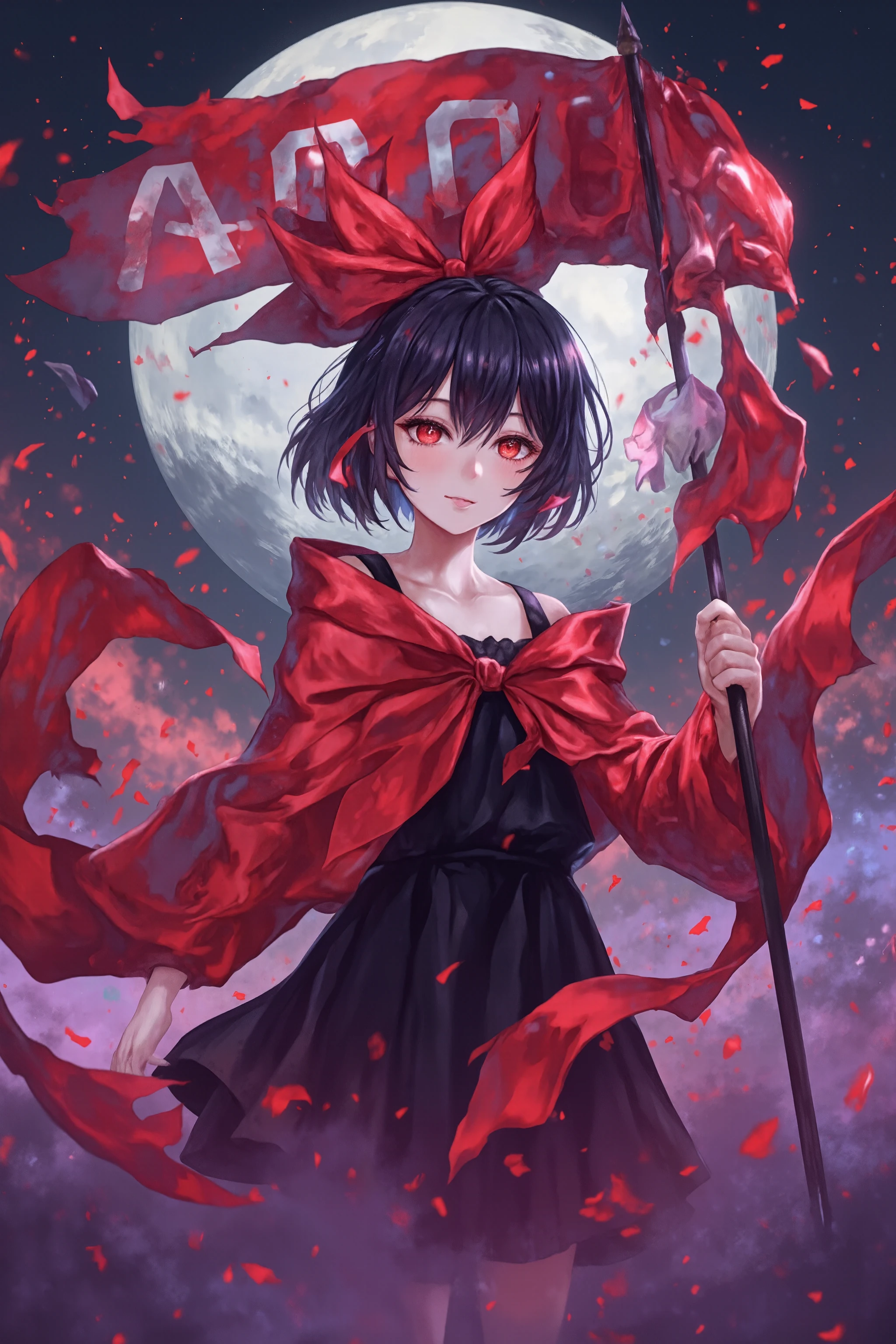 A girl with short black hair and big red ribbon on her head. She has red eyes. She wearing a black sundress and red cloak. She holding a red flag with text "4000". Moon in background
