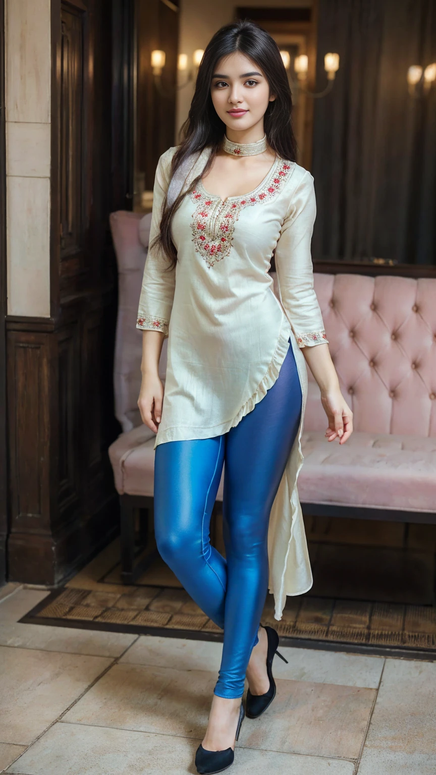 ((photo of 20 year old beautiful girl, beautiful and charming girl)), ,
((((Full body shot:1.5)))), (full body in picture), (full body photo Close-up photo of the shin), (Indian babe), (attention standing posture, separate legs), (looking at viewers, front view shot, from_fronts),
best quality, movie studio lighting, illustration at Very detailed, ultra high resolution, depth of field, caustic, natural shading,  masterpiece, hyper realistic, hyper detailed, photorealists, 8K, HDR, High resolution, (1girl), (Blurry background), (Bokeh:1.2), RAW photo, complicated details, extremely detailed, candid picture, candid shots, extreme detailed, colorful, highest detailed, (iconic picture shot, perfect brightness, perfect contrast, perfect colour), 
hair is one eye, purple eyes, Golden blonde hair, side bangs, sharp eyeliner, blush eyeshadow with thick eyelashes, lip gloss  very delicate and beautiful, round chin, round earrings, sharp eyes, letter choker, (symmetrical eyes), (perfectly symmetrical body),
(pretty face, iconic face), (perky breasts, perfect rounded breasts, attractive breasts, perfect symmetrical breasts), (attractive body figure, perfect body figure, perfect figure, curvy_figure, straight body figure, wide body posture), skin_tight, (thin), smile,
(beautiful High heels), 
(beautiful girl in Indian outfits), ,
(((Plain kurta, beautiful plain kurta, iconic kurta, pain beautiful kurta, kurta), fancy leggings, fancy leggings, leggings),