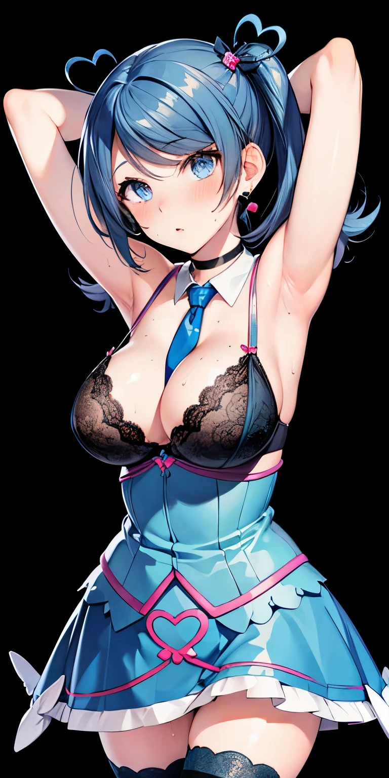 1girl, breasts, armpits, solo, pantyhose, animal_ears, playboy_bunny, necktie, arms_up, necktie_between_breasts, large_breasts, fishnets, sweat, detached_collar, fishnet_pantyhose, rabbit_ears, between_breasts, leotard, blue_eyes, tail, black_leotard, black_necktie, blush, cleavage, closed_mouth, rabbit_tail, looking_at_viewer, fake_animal_ears, covered_navel, short_hair, eyes_visible_through_hair, highleg, bangs, cowboy_shot, blue_hair, strapless_leotard, bare_shoulders, highleg_leotard, arms_behind_head, hair_over_one_eye, strapless, thighs, fake_tail