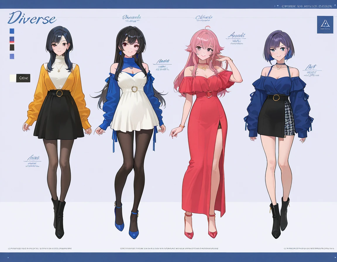(((Best Quality))) , ((full body)), 4 lady, adult woman, multiple views, (((white background,))) variety of hairstyles, variety of fashion styles, bare shoulder, arm pits,