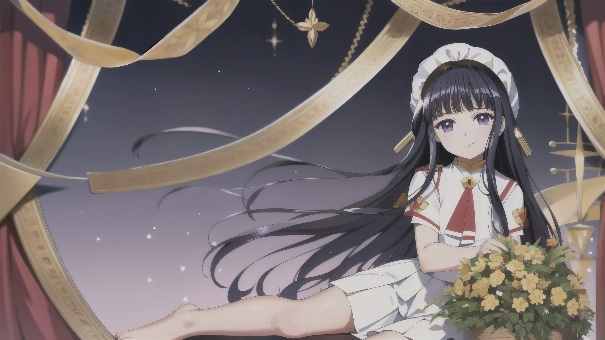 ( Masterpiece), ( top quality), ( complicated details), ( Illustration of ), ( is ridiculous), (Ecstatic),
detailed, (poster Illustration of ),
Tomoyo, Tomoyo-e, (Clamp:1.4), Daidouji Tomoyo ,
One person8 girl, Alone, smile, file, long hair, above Decorati has , White headdress, black hair, purple eyes, blunt bangs,
( skinny fit), ( Watch Viewers ), (), ( full body), Very Exquisite Face ,
( Detailed Biography:1.2),
beautiful legs, detailed body, detail hand , ( super precision ), sharp, ( Hi-Res), ( high detail:1.2), detaileded, Soft Lighting , beautiful detailed glow,