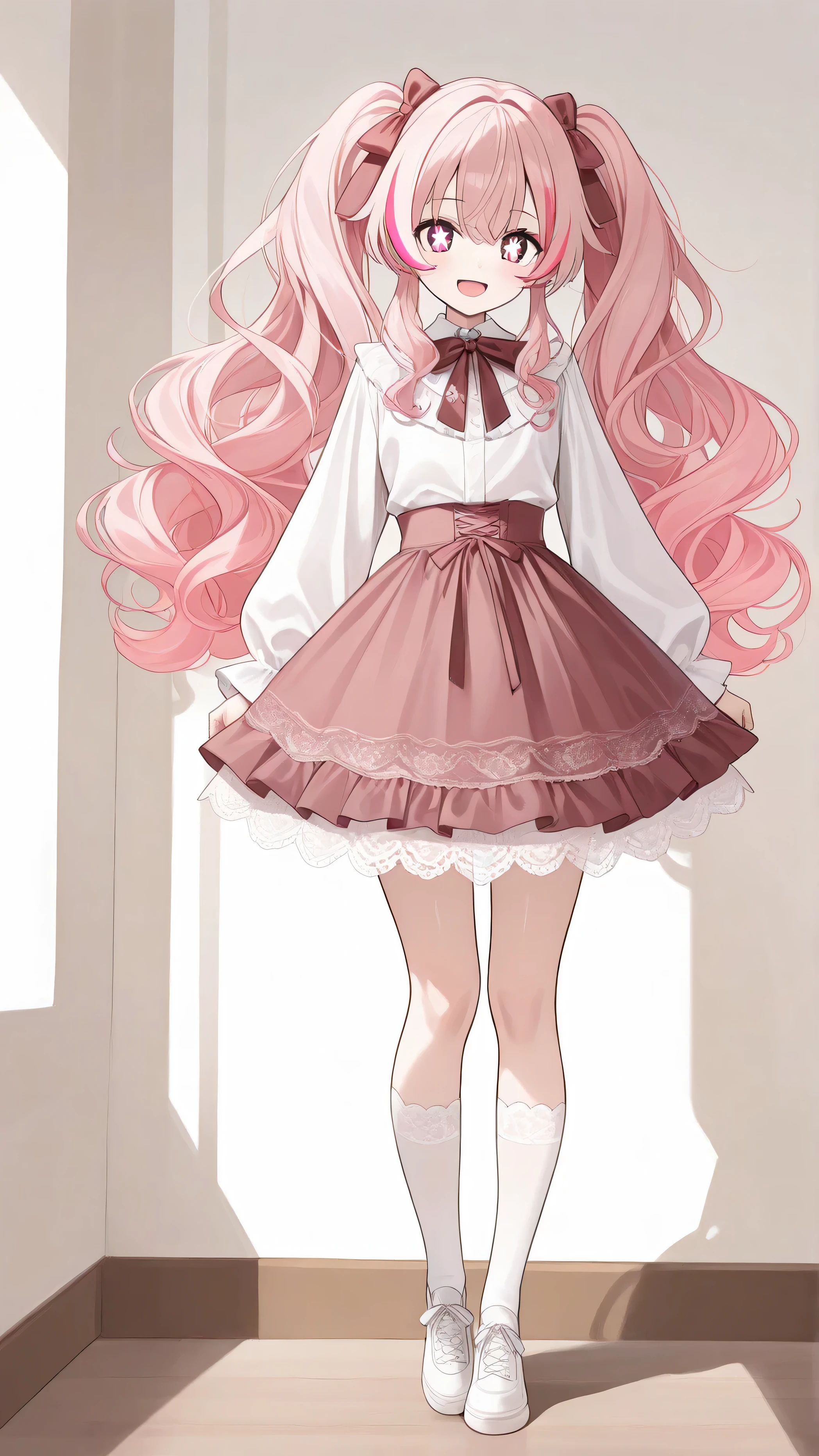 Symmetricalのイラスト facing the front My chest is flat Long, wavy hair, pale pink hair and light blue long fluffy twin tails cute anime girls white long sleeve blouse with lace detail and burgundy bow tie、Fluffy burgundy skirt with golden details on the hem、With white long socks with lace Eyes are pink with highlights、whole的なスタイルはエレガントで甘く、 I have a gothic ta vibe 。 standing picture Positive Symmetrical whole whole body The shoes are white thick soled Plain background smile open your mouth white shoes with your whole body whole bodyで facing the front Plain background through