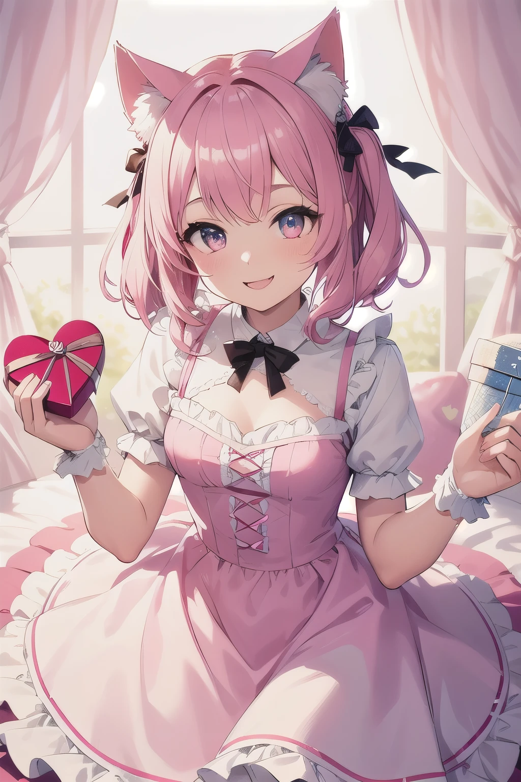Top quality, high resolution, detailed, beautiful picture quality, one girl, cute pale pink dress with frills, cat ears, con feeling, smiling face, cute design based on pink, overall sweet and dreamy atmosphere, hearts and gift boxes are drawn in the background, white and pink fairy tale feeling,