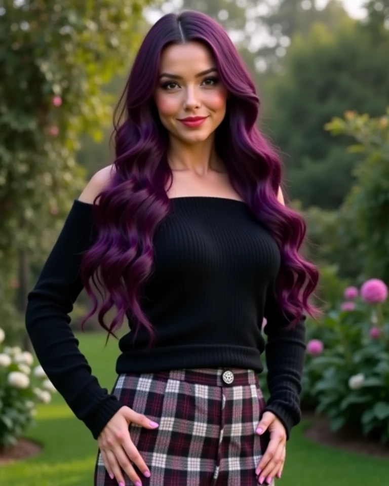 beautiful girl realstic .beautiful face features. with purple hair purple dress, purple nails , purple beautiful lips and a purple rose in her hand , purple background behind her. trees with purple leaves.