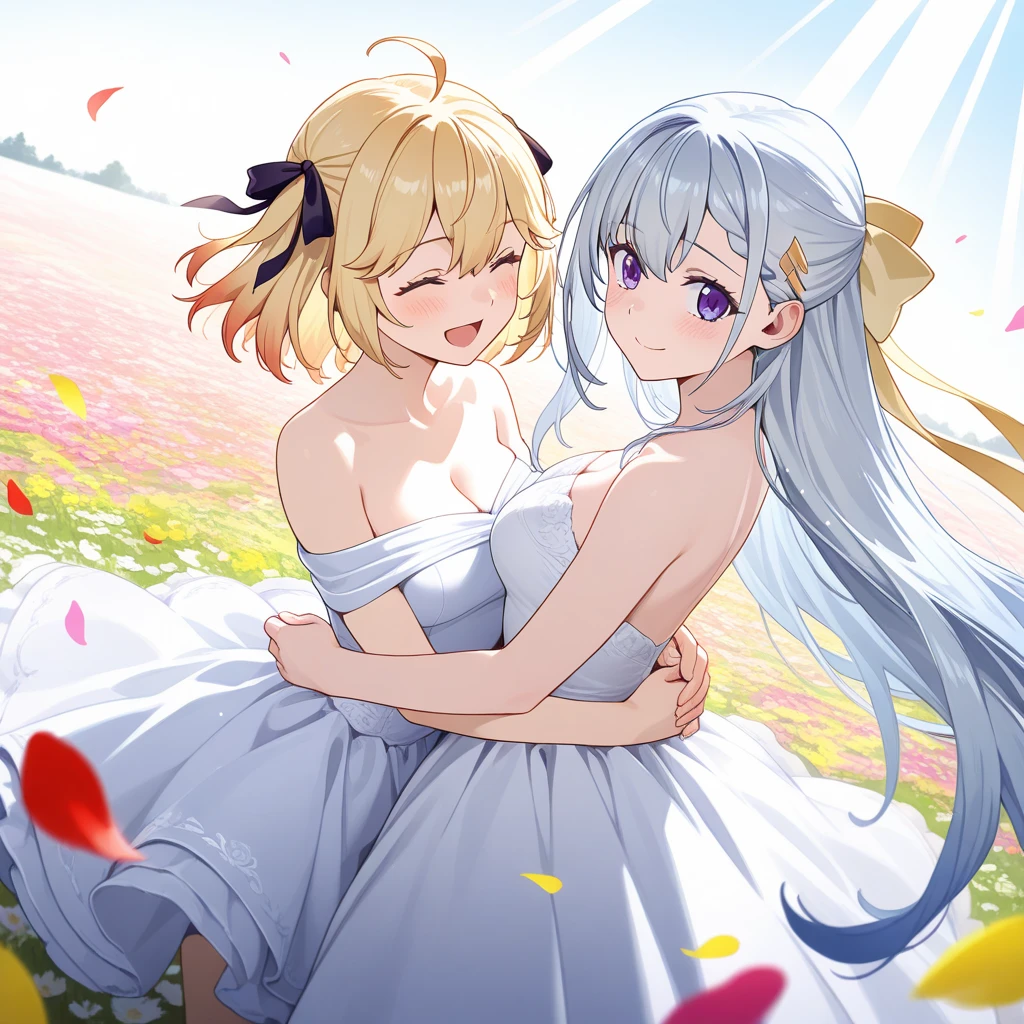 two pretty dressed girls, one red-eyed girl, wearing a skirt, one blue-eyed girl wearing white shorts with gloves, under a sunny dark blue sky with few clouds in a field of canola flowers blooming with the season Yellow butterflies with thousands of yellow butterflies flying across the sky in the cold, windy weather