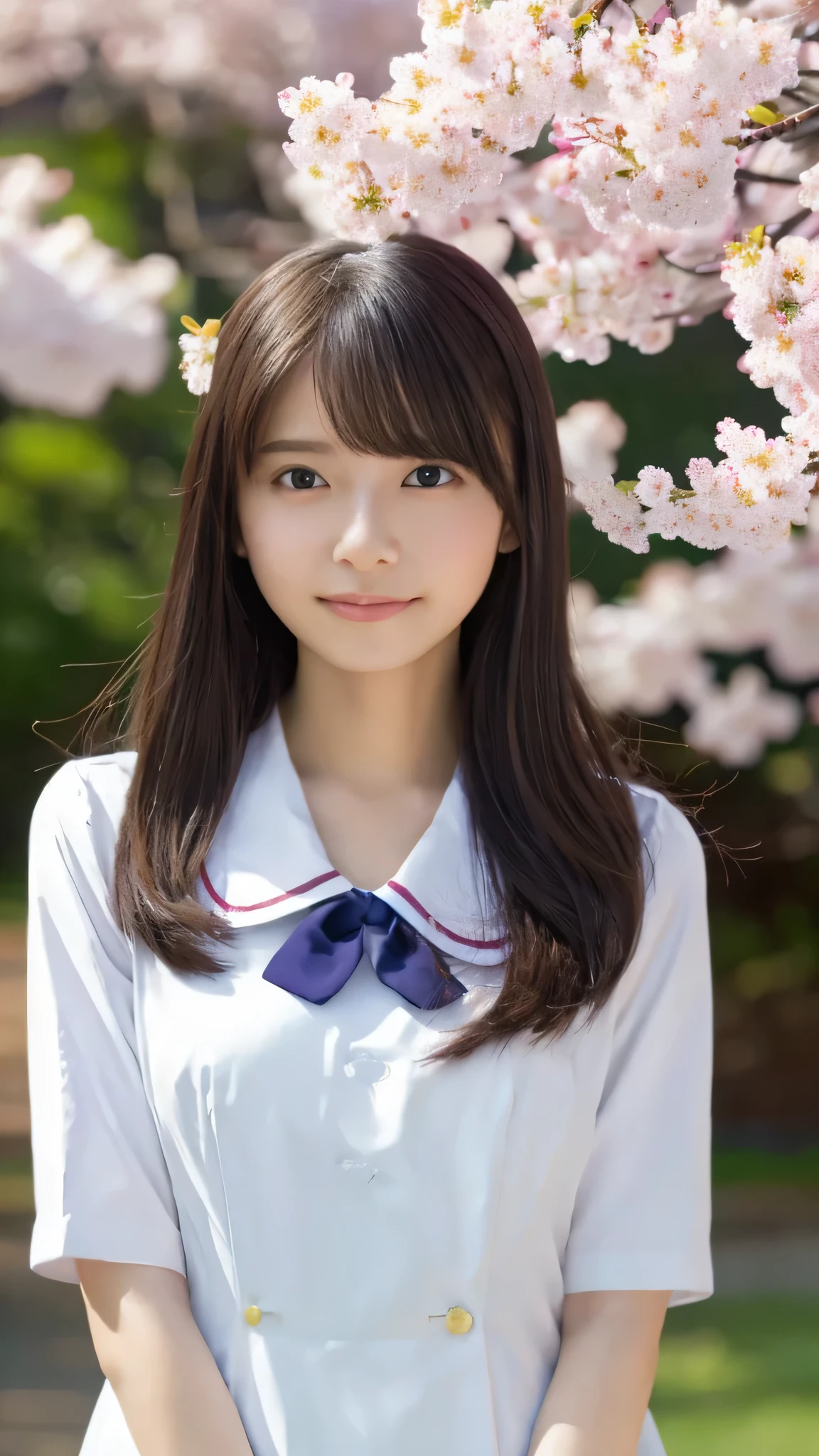 top quality、4K、8k、 high image quality、 Masterpiece:1.2、 very detailed、 Genuine:1.37、 portrait、Gentle colors、Gentle Light、 beautiful girl、 I wear long, flowing hair、 gentle face、Thoughtful eyes 、 white skin、 happy expression、 great atmosphere 、 shirt、Subtle brushwork、Dreamy composition、 Look into the Distance 、 romantic atmosphere 、 show their full body、 plump breasts、I can see cherry blossoms and Mt. Fuji 、 wearing a high school uniform