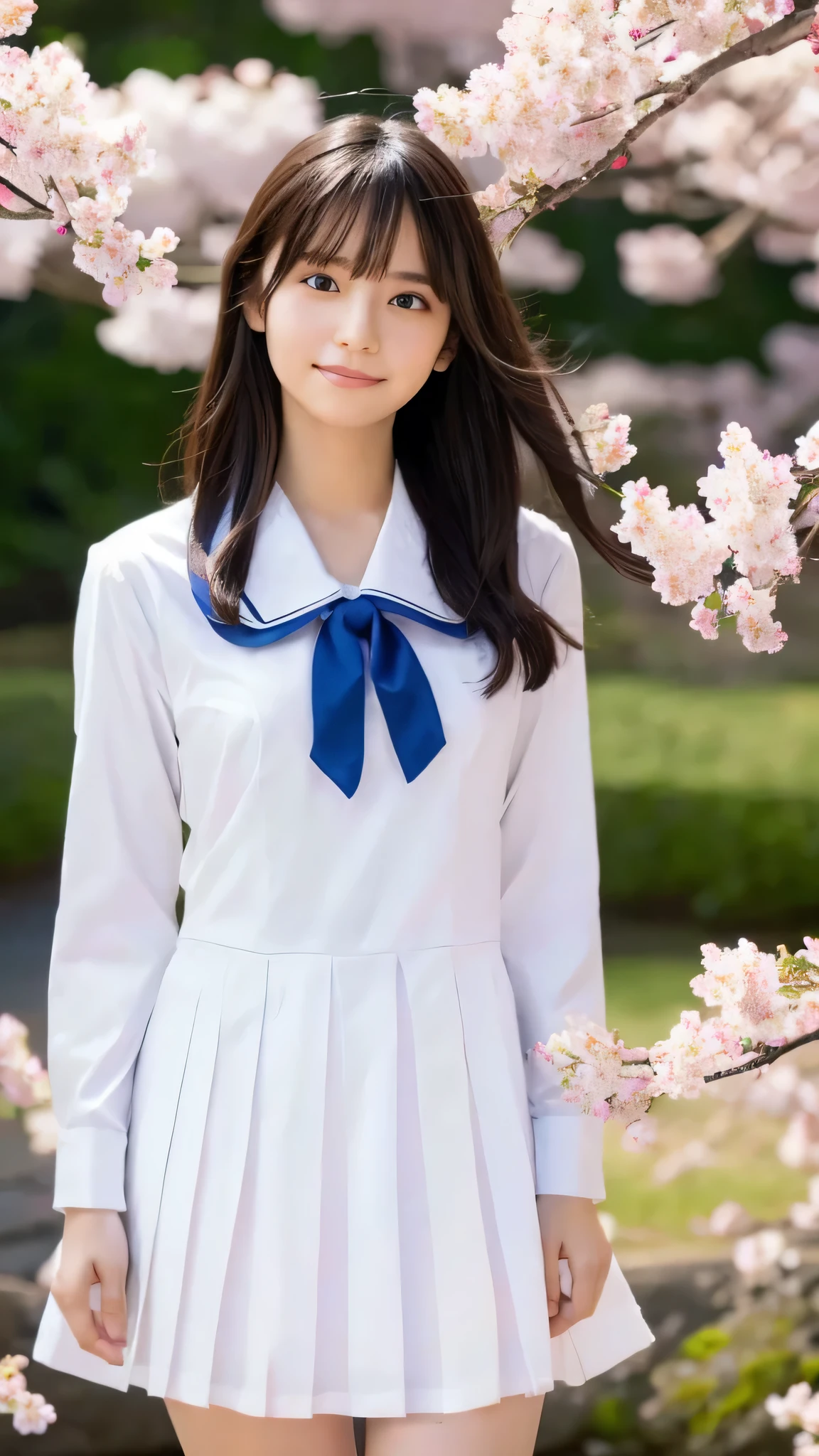  top quality、4K、8k、  high image quality、 Masterpiece:1.2、  very detailed、 Genuine:1.37、  portrait、Gentle colors、Gentle Light、 beautiful girl、  I wear long, flowing hair、 gentle face、Thoughtful eyes 、  white skin、  happy expression、 great atmosphere 、  shirt、Subtle brushwork、Dreamy composition、  Look into the Distance 、  romantic atmosphere  、  show their full body、 plump breasts、I can see cherry blossoms and Mt. Fuji 、 wearing a high school uniform 
