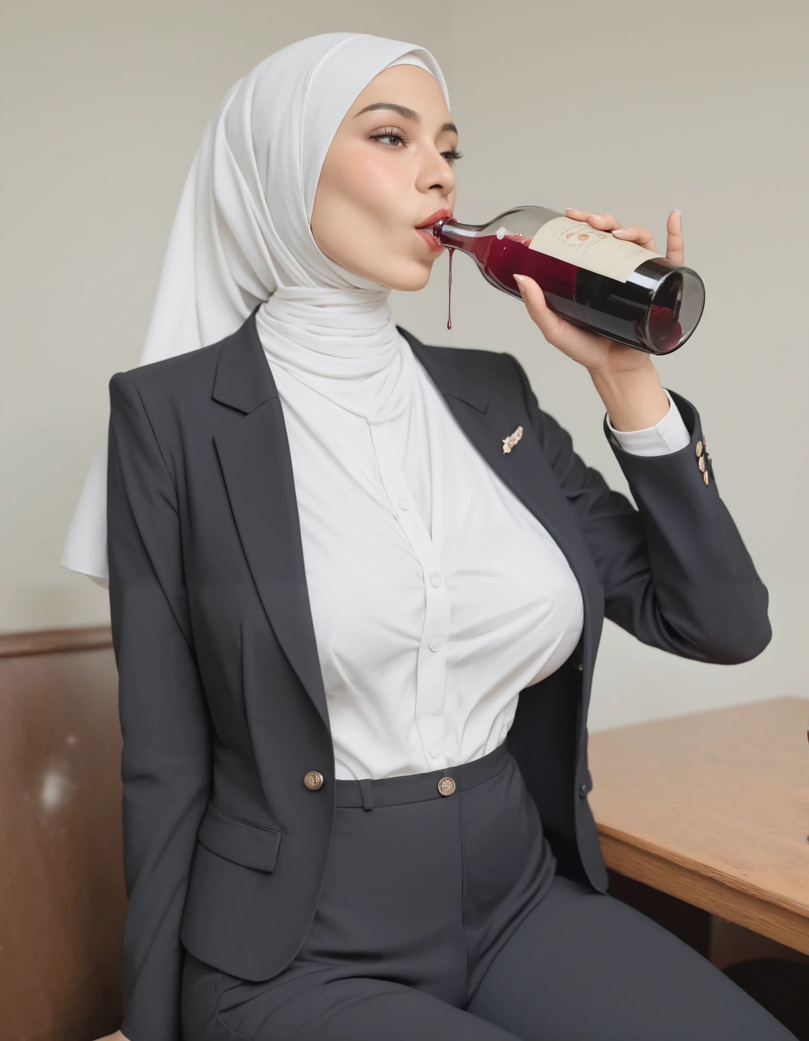 46 years Old, Hijab Indonesian woman, Beauty Woman, Extra Massive Veiny Mature Tits : 56.9, Blazer, Unbuttoned Blazer, Breast About To burst Out, At meeting Room, Bright light, at Daytime, (((Drinking Of Wine))), Sobber Drunken Face.