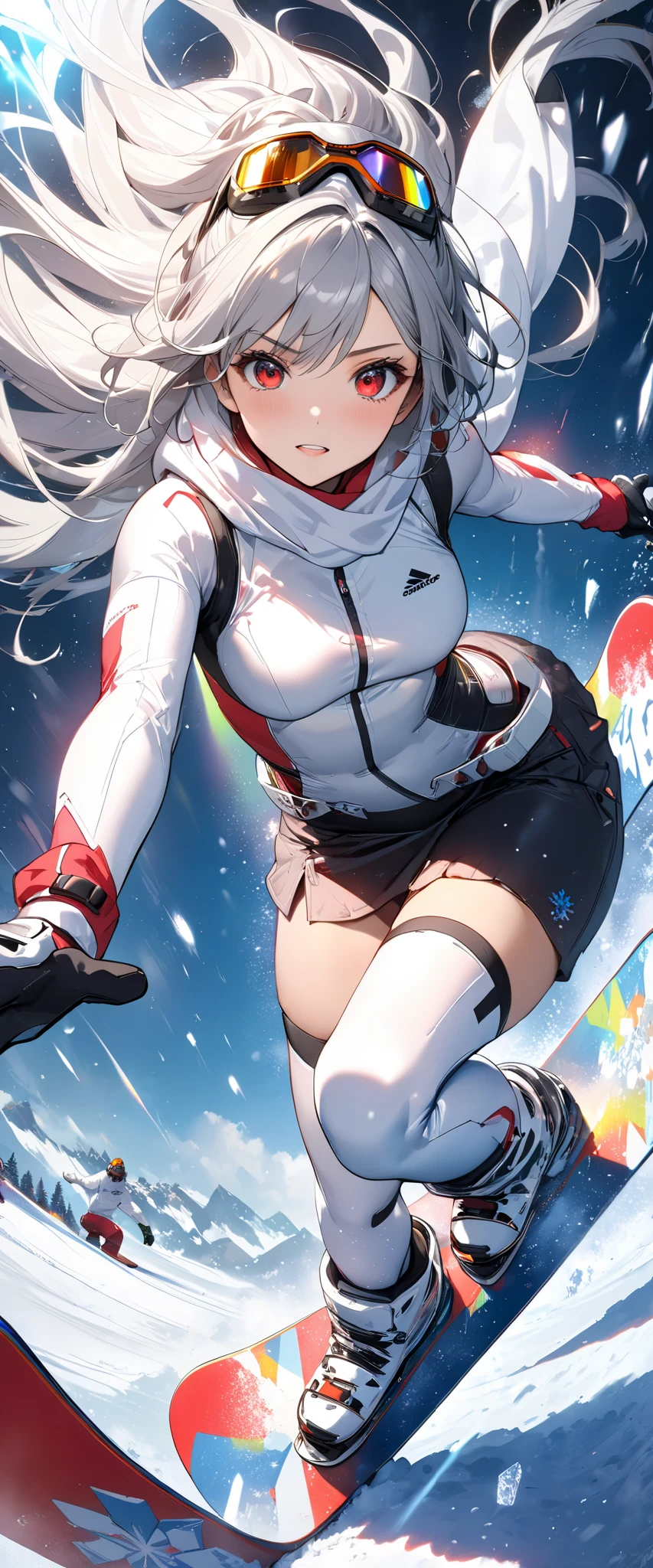 dynamic poses, full body image, super wide angle, A girl wearing fluorescent red clothes skiing in the snow, Meticulous attention to clothing and fashion, action, Gym_, exposed abdomen, (Slim:1.1), (long legs:1.3), (Slim legs:1.2), Background is snow, 3D rendering, Overclocked renderer, 8K， big breast