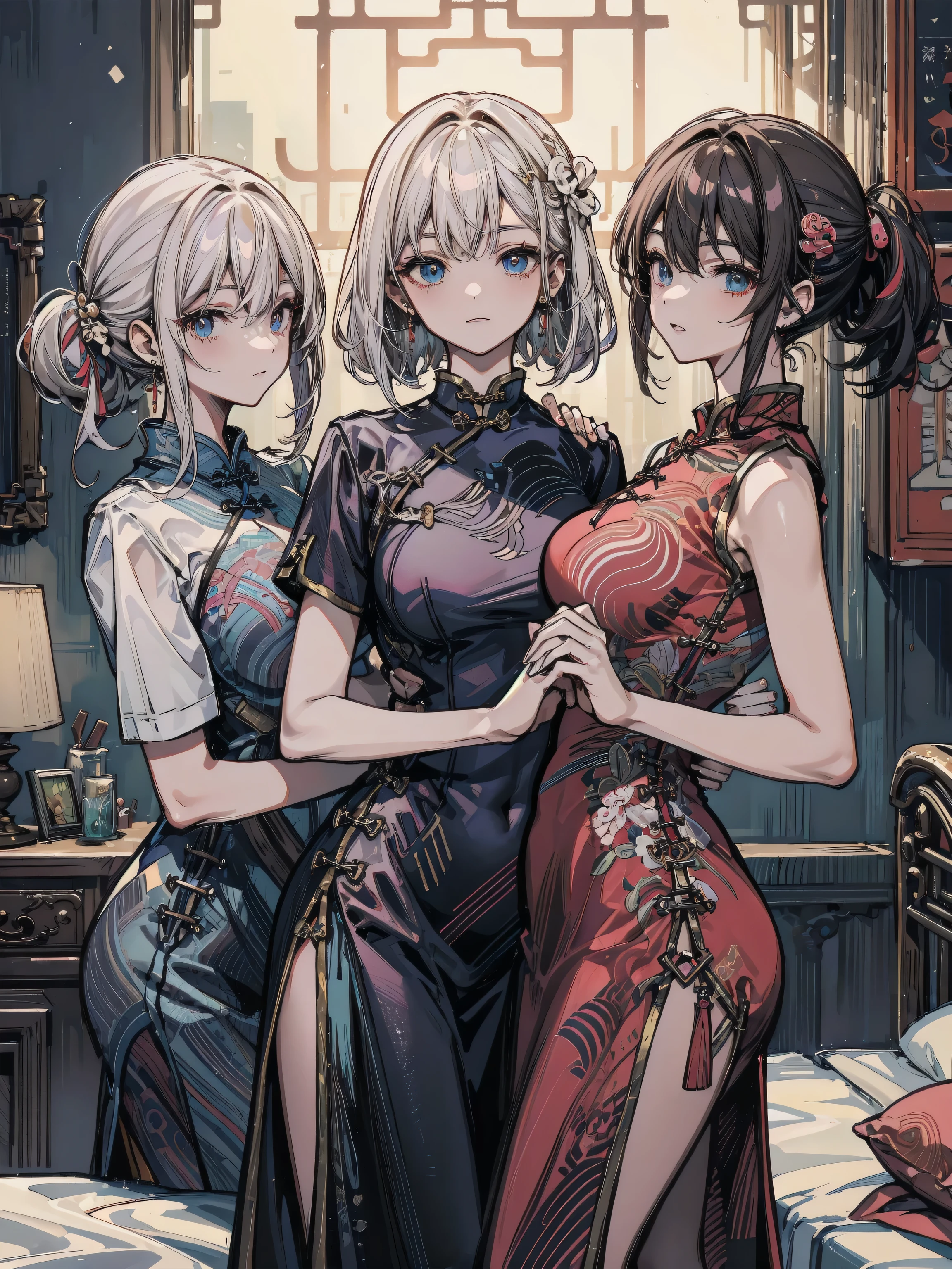 three girls,Re:zero,Rem(blue hair,short hair),rum(pink hair,short hair), emilia(silver hair,long hair),looking at the viewer, indoors, jewelry, bangs, dress, earrings, nice details, shining eyes, nice background,cheongsam clothing,
masterpiece, highest quality, Super detailed,
dynamic pose, big breasts, happiness,smile,