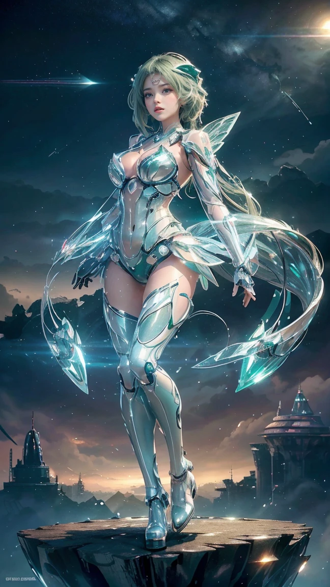 whole body, blue hair, passivation, masterpiece, top quality, official art, The album cover, Very delicate CG Unity 8K wallpaper, lone girl, japanese girl, whole body, ultra high resolution, (lifelike: 1.4), dynamic angle, dynamic poses, Mysterious powers, floating particles, reflection, so cute, Shining blue eyes, golden hour lights, white、Blue and black pilot suit, tight clothes, whole body覆盖的衣服, knee high boots, (puffy eyes), Audience watching, front, beauty, medium breasts, shirt lift, Metal wire, Slim, long arm gloves, Anime heroine, gentle smile, earphone, helmet, Detailed cockpit, Super future space