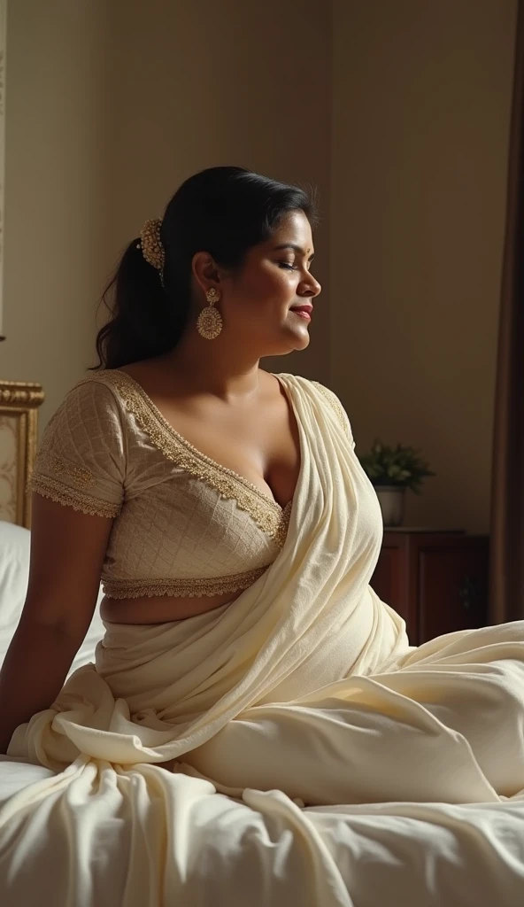 Close up shot, A radiant South Indian, chiffon white colour chiffon saree wearing plus sized girl ,with her curvaceous figure , hugging and kissing on the lips of a jubilant 60 year old joyous embrace in a bedroom, captured in a full body image with vibrant colors and intricate details. Full body image