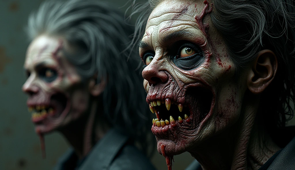 A terrifying zombie with a broken face and a lot of blood 