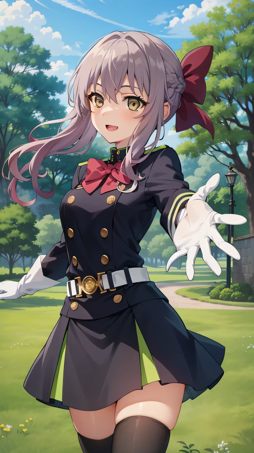 {{{masterpiece}}}, (best quality:1.5), (ultra-detailed:1.5), {illustration}, {{an extremely delicate and beautiful}}, (beautiful detailed eyes:1.6), absurdres, highres, extremely detailed face, 16k, hd, visual anime de uma jovem mulher, extremamente bonito rosto de anime, anime melhor garota, (perfect hands, perfect anatomy), anime face, Hiiragi Shinoa(Owari no Seraph), aashinoa,1girl, solo, cute face, purple hair, half up, (red hair bow:1.2), sidelocks, hair between eye, big eyes, (dark brown eyes:1.5), petite, medium breasts, big hips, curvaceous, BREAK, military uniform, black dress, double-breasted, tuck in, red bowtie, long sleeves, black sleeves, armband, white gloves, white belt, mini skirt, box pleated skirt, black skirt, green folds, black thighhighs, thighs, zettai ryouiki, BREAK, INCOMING HUG, INCOMING KISS, blush, sorriso alegre, open mouth, visual anime de uma jovem mulher, extremamente bonito rosto de anime, anime melhor garota, sorriso astuto, outdoor, sky, daytime, forest, field, profile
