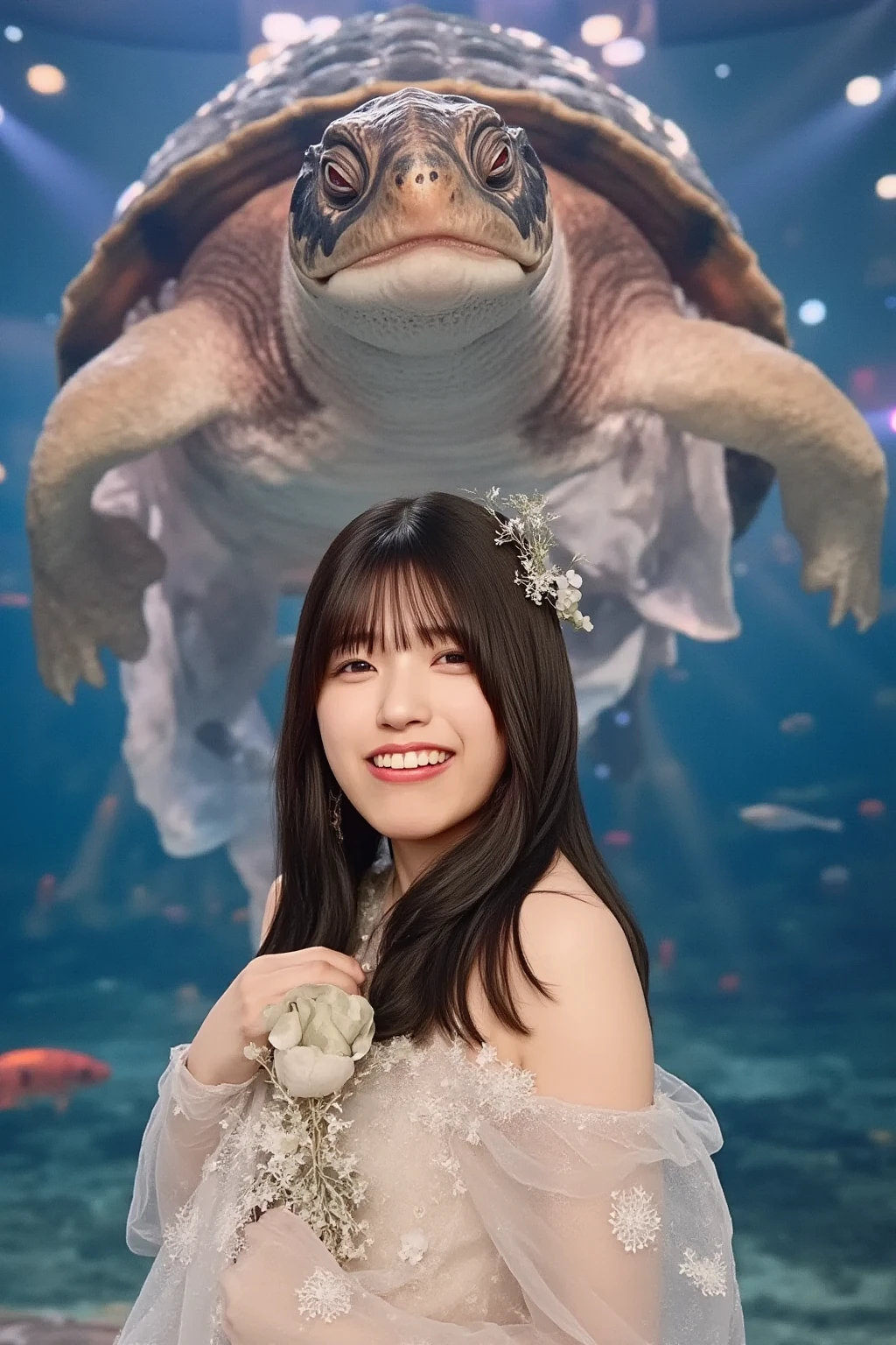 woman with fish head wearing dress is singing