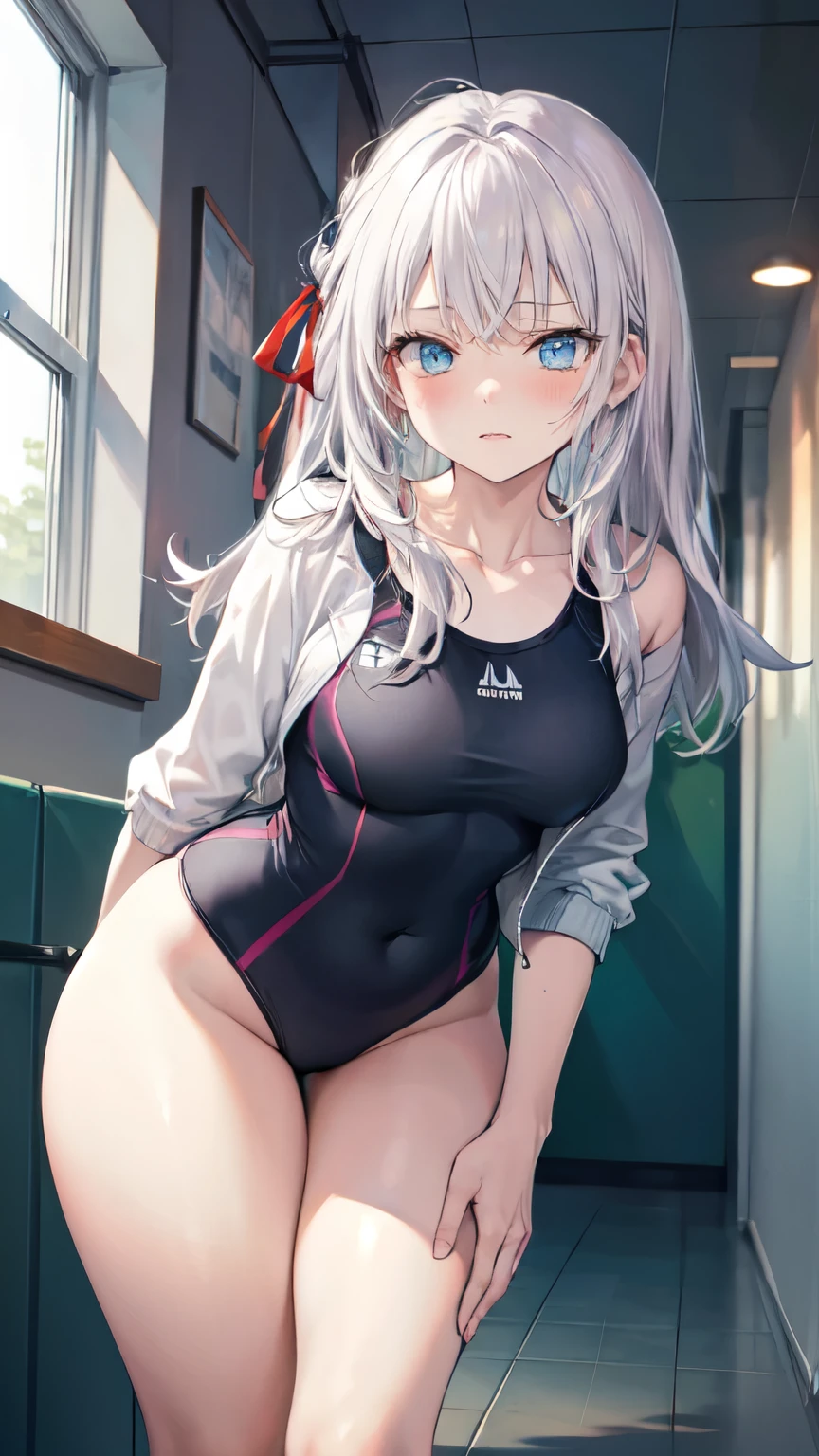 masterpiece, good quality,
ジャンヌダルク,fgo,1girl, solo,blonde hair,ponytail, high ponytail, very long hair,
glasses,(white competition swimsuit:1.3), white jacket, open jacket, single strap sandals, whistle around neck