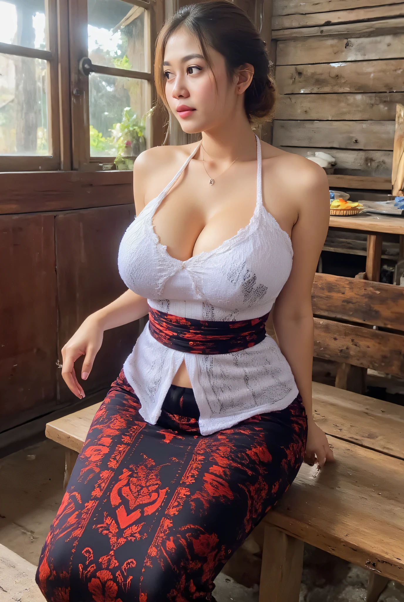 Indonesian woman wearing white thin straps tank top, long batik skirt, lying on wooden chair, looking side, serious expressions, rustic traditional wooden house room, sagging breasts, very long breast. dramatic lighting