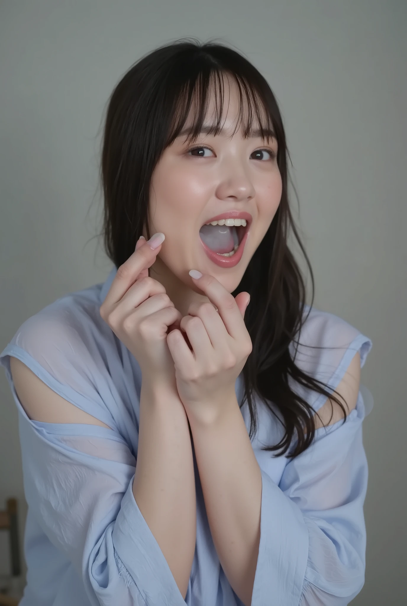 score_9_ up the side, score_8_ up the side, score_7_ up the side, High Resolution Portrait Photo of a Japanese Woman, Photoreal, Masterpiece, amazing quality, complicated details, Complete Technique, professional lighting , Alone, 1 girl, full body, black hair, detailed face, fine eyes, A smile drowning in pleasure, (Fingers touching her lips ), ( white semen in her mouth , open your mouth:1.4), raise chin, looking up at the camera, ((( loose open shirt 、 no underwear、 the shape of the nipple comes out faintly from the shirt, wet shirt))), (Breast:1.4), pale skin on a street car, bright bedroom