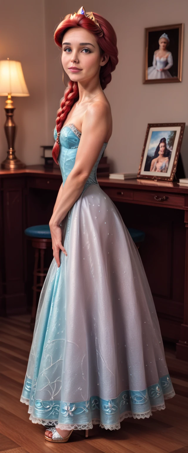 woman 50 years old in a blue ball gown facing the camera