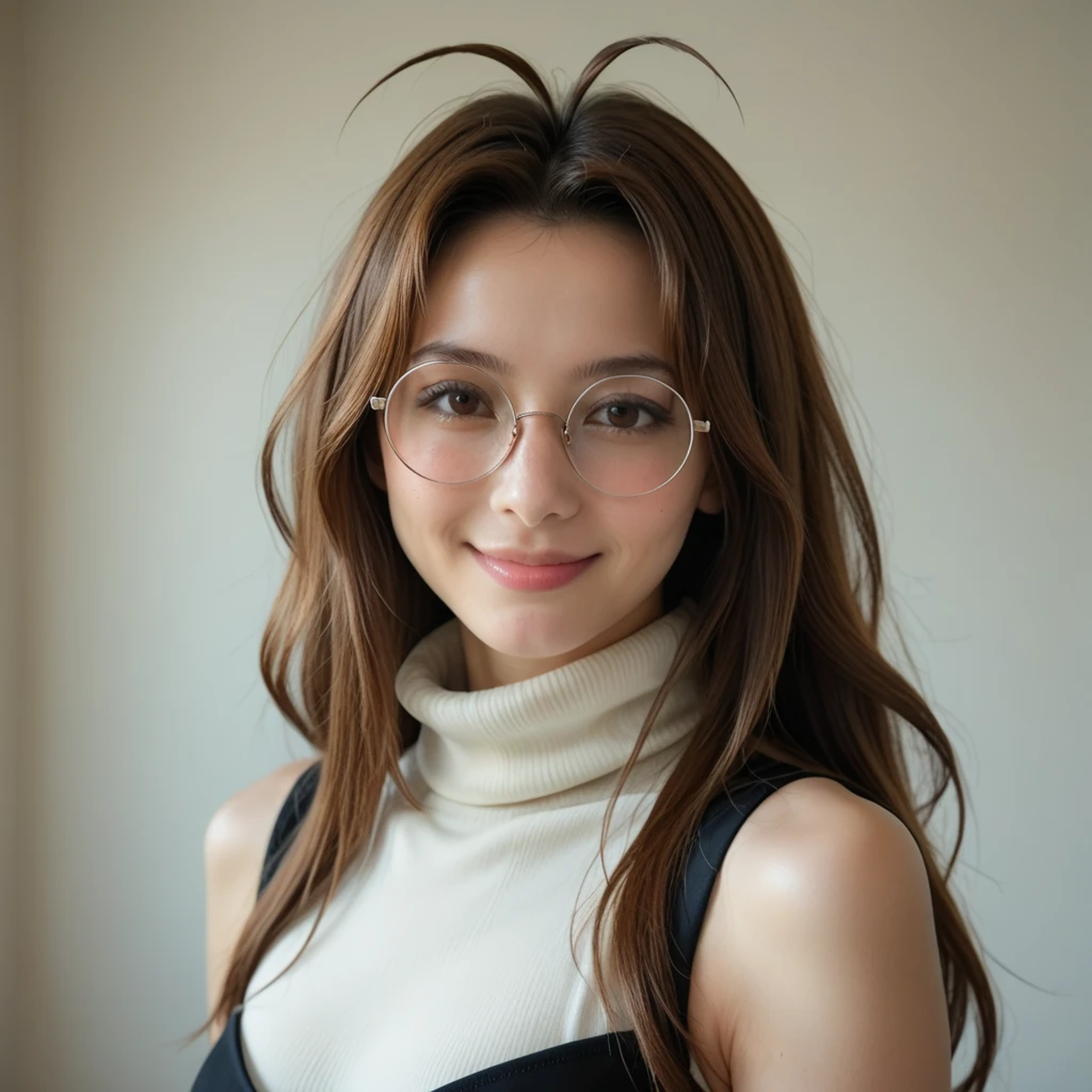 narunarusegawa, naru narusegawa, long hair, brown hair, antenna hair, realistic antenna hair, antenna hair looks like real hair, brown eyes, amazingly beautiful face, realistic japanese female face, light cosmetics, detailed face,
gothic girl outfit, black stockings, black skirt, sleeveless, black miniskirt, turtleneck, sleeveless turtleneck, round glasses
indoors, perfect facial symmetry
looking at viewer, smiling, centered photo, UHD 16K RAW Photo, photorealistic, masterpiece, best quality