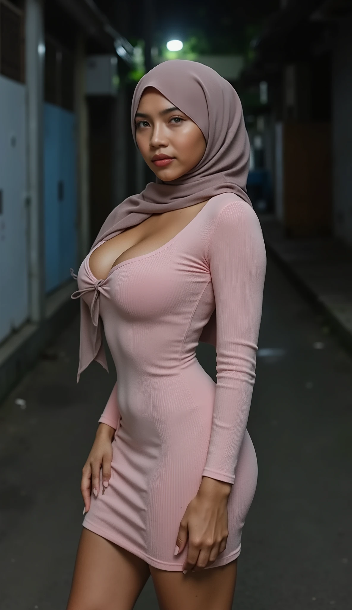 malaysian lady 18 years old, pale face, show breast, ((hijab)) wear hijab, natural, no make up, detailed on face, light pink knit long dress, V-neck, breast line, very tight dress, realistic photo, serious face, model, narrow street, slum, night, half body shot, ultra big breast, hijab, standing with leg open, ultra big breast, exotic skin, low light, dark, face front