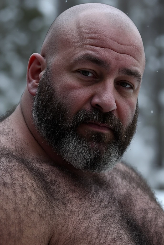  Hyper realistic image of an elderly eskimo hunter warrior superhero with very long gray hair An angry super heavyweight bodybuilder flexing his muscles A full body obese bodybuilder with a very sweaty body An extremely muscular and extremely fat old man over 70 years old weighing more 600 lb. A very muscular, very hairy man with very large legs Very sagging pecs with dark nipples and gynecomastia standing in a snowy Alaskan landscape in front of an igloo with a northern lights in the sky wearing polar bear skin pants and a long polar bear fur hooded cape 
