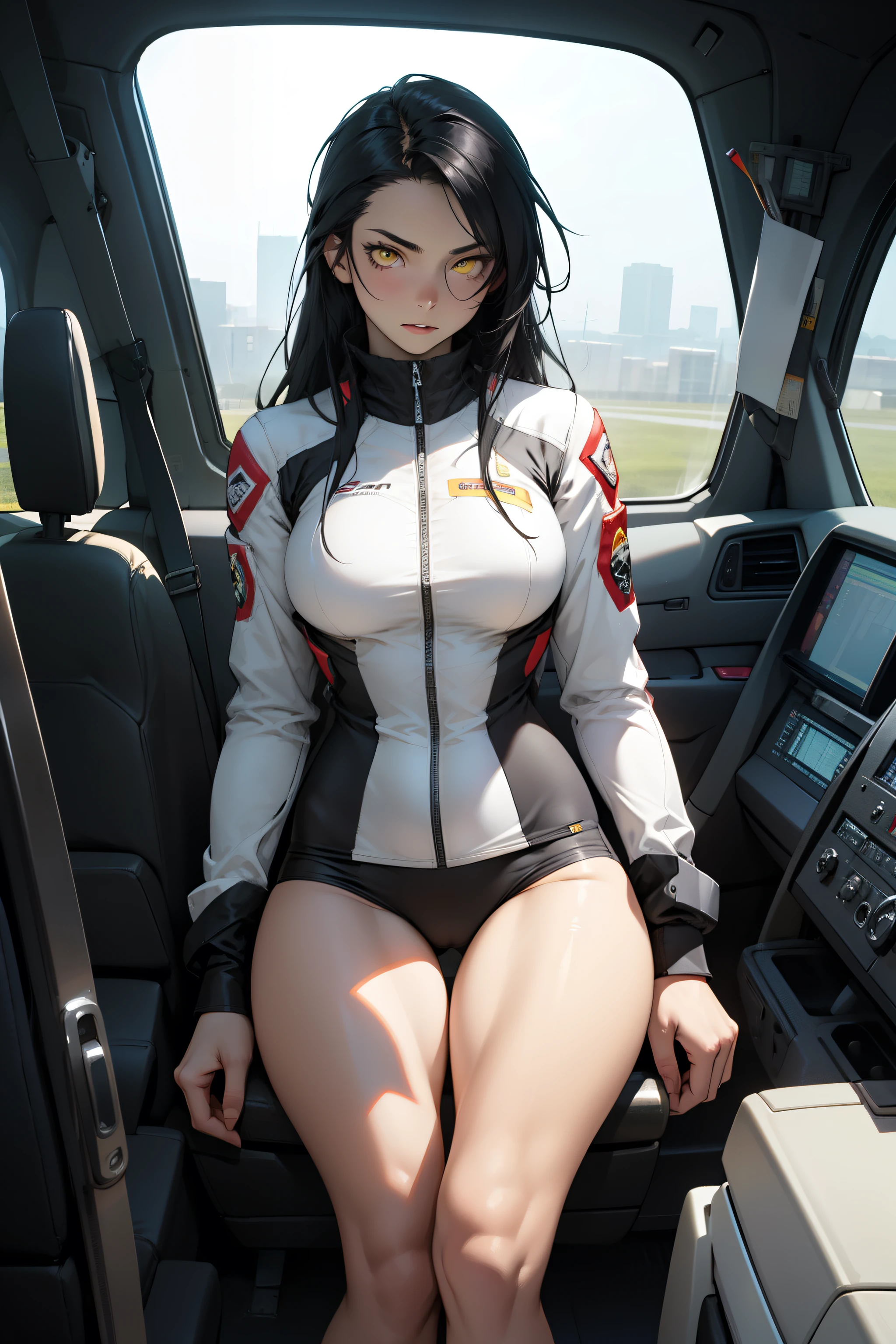 A giantess with big and hips fully naked is sitting on the front of a supercar