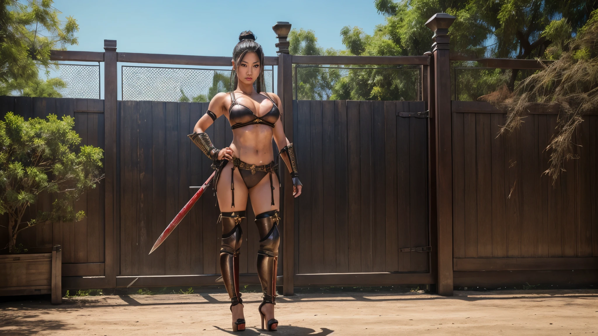photograph, Asian woman, stunningly beautiful, short wavy black hair, slim thick, medium natural breast, sexy warrior leather outfit, in a war, leading a troop, warrior attacking pose, wielding a sword, image professionally taken
