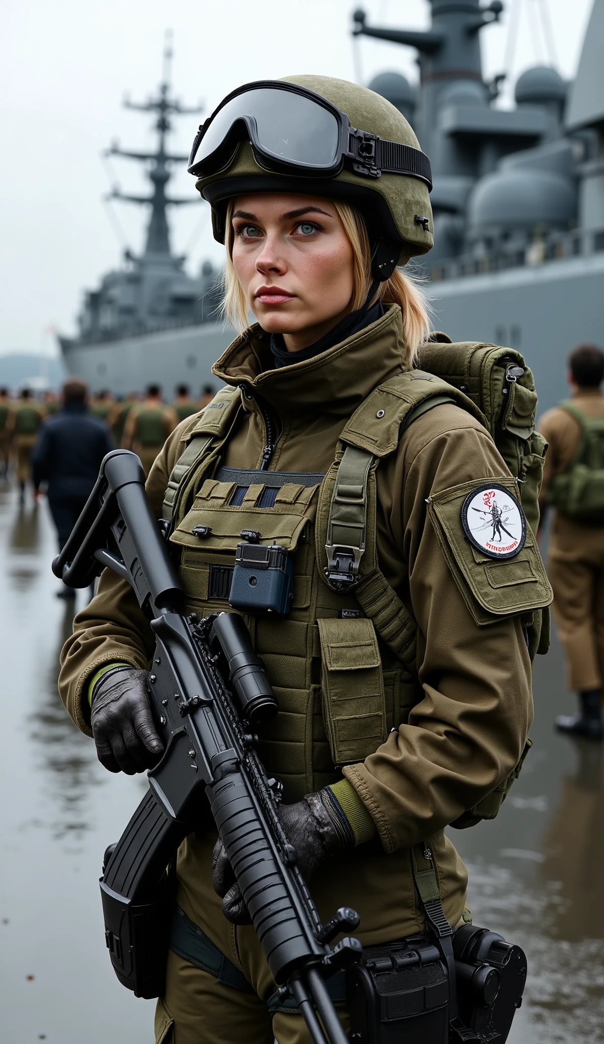 A stunning 20-year-old German special forces operative from the naval division stands with a sharp, focused gaze, carefully observing her surroundings. Her blonde bob is neatly tied back, ensuring no strand obstructs her vision beneath the high-tech tactical helmet designed for elite maritime missions. She wears a cutting-edge camouflage uniform, blending seamlessly with the rugged military environment, reinforced with advanced body armor and equipped with essential tactical gear.
In her hands, she firmly grips a specialized rifle, the signature weapon of Germany’s naval special forces, reflecting precision, discipline, and combat readiness. Her posture is both poised and alert, embodying the skill and expertise of an elite soldier.
The background features Germany’s fortified marine base, where advanced warships and high-speed naval vessels are docked. Military personnel move with precision, preparing for operations, while the sound of distant commands and the rhythmic hum of naval machinery fill the air. Towering infrastructure, massive supply containers, and tactical vehicles enhance the cinematic feel, capturing the intensity and discipline of this elite warrior in the heart of her nation’s naval power.