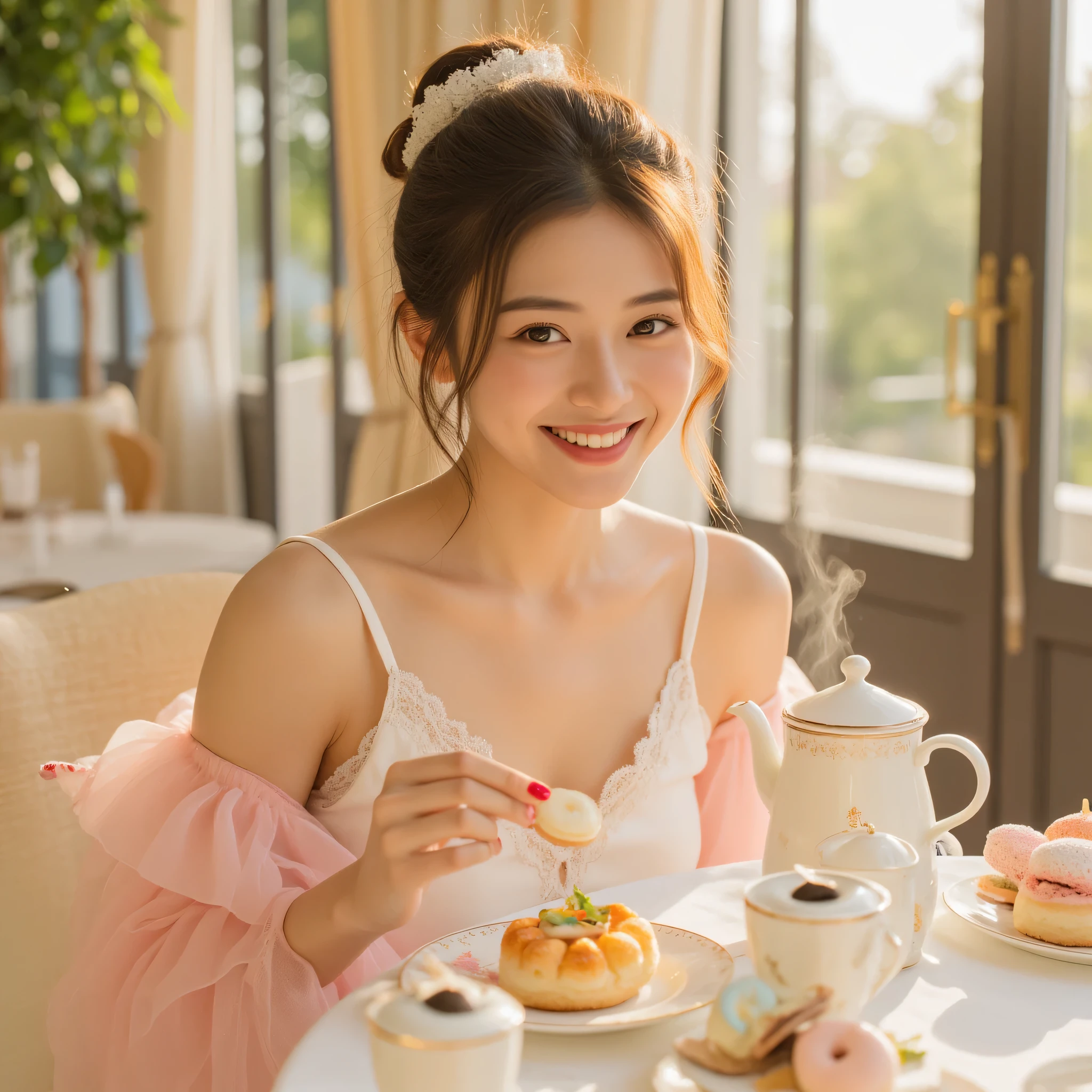 A charming 20-something cute super sexy Japanese person enjoying a delightful afternoon tea. They are dressed stylishly in warm colors such as soft pink and white, wearing a revealing yet elegant outfit that highlights their allure. They are seated at a beautifully set table with fine china, delicate pastries, and a steaming teapot, exuding grace and sophistication. Their expression is joyful and inviting as they take a sip of tea, delicately pick up a macaron, or playfully swirl a spoon in their cup. The background features a luxurious café or a sunlit garden terrace, with a soft golden glow from the afternoon sun, creating a warm and enchanting atmosphere. The mood is cozy, refined, and captivating.