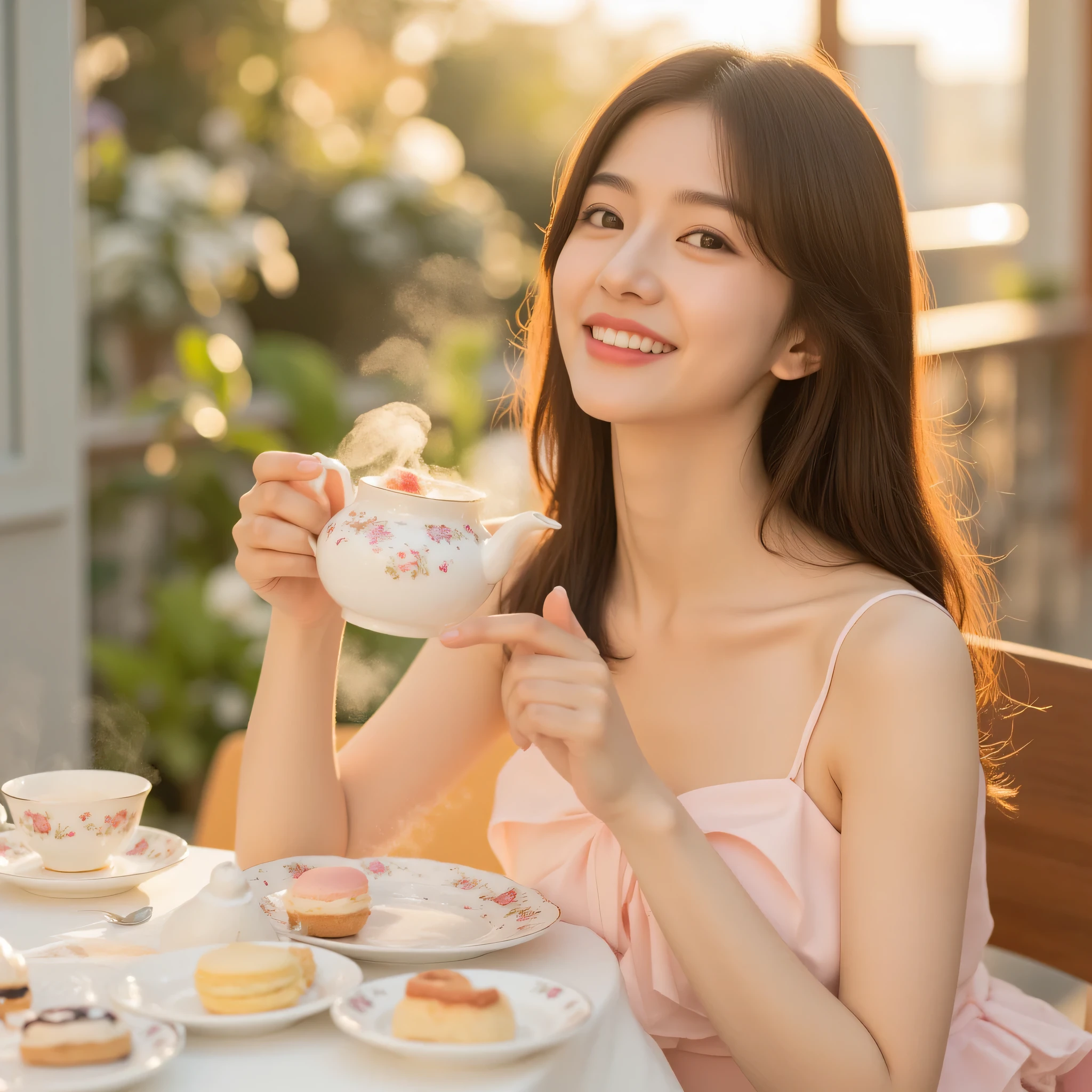 A charming 20-something cute super sexy Japanese person enjoying a delightful afternoon tea. They are dressed stylishly in warm colors such as soft pink and white, wearing a revealing yet elegant outfit that highlights their allure. They are seated at a beautifully set table with fine china, delicate pastries, and a steaming teapot, exuding grace and sophistication. Their expression is joyful and inviting as they take a sip of tea, delicately pick up a macaron, or playfully swirl a spoon in their cup. The background features a luxurious café or a sunlit garden terrace, with a soft golden glow from the afternoon sun, creating a warm and enchanting atmosphere. The mood is cozy, refined, and captivating.