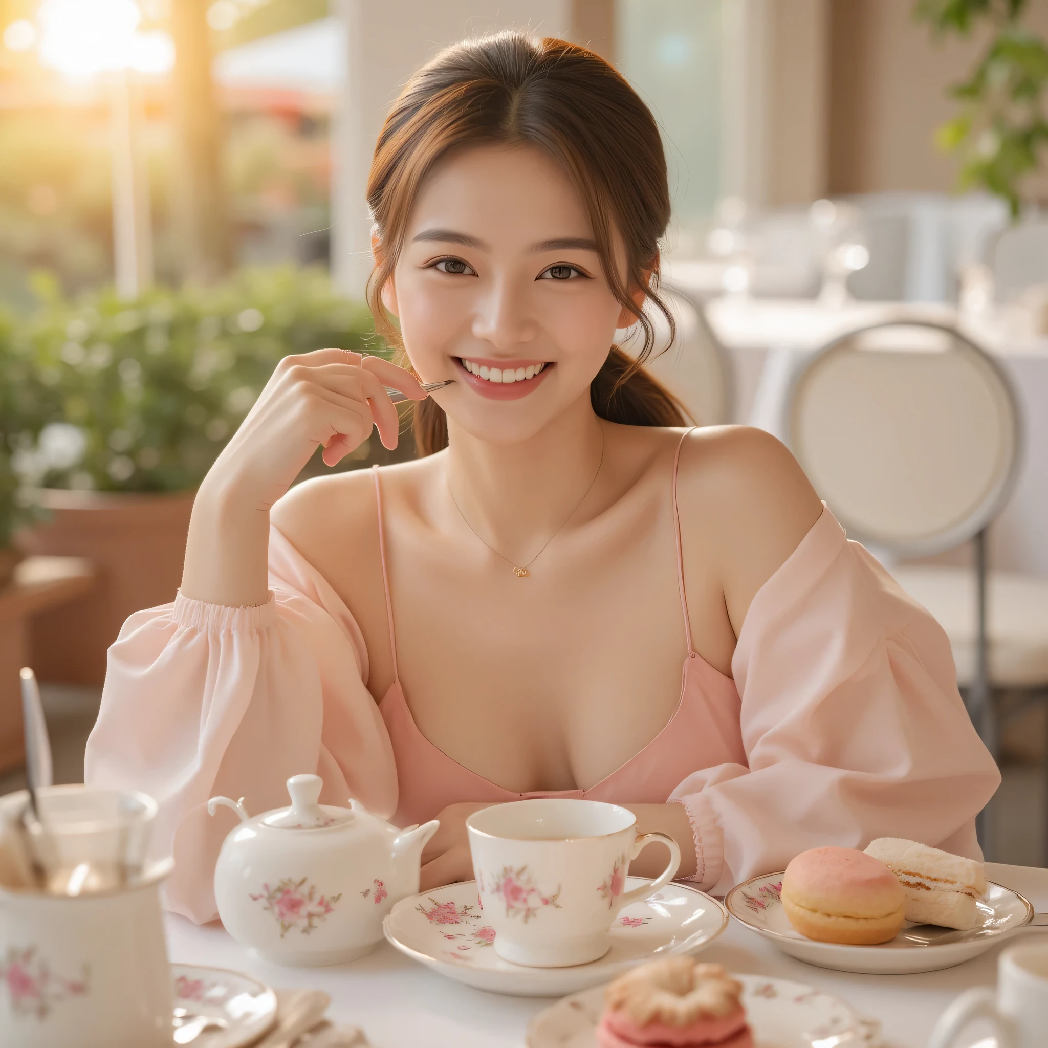 A charming 20-something cute super sexy Japanese person enjoying a delightful afternoon tea. They are dressed stylishly in warm colors such as soft pink and white, wearing a revealing yet elegant outfit that highlights their allure. They are seated at a beautifully set table with fine china, delicate pastries, and a steaming teapot, exuding grace and sophistication. Their expression is joyful and inviting as they take a sip of tea, delicately pick up a macaron, or playfully swirl a spoon in their cup. The background features a luxurious café or a sunlit garden terrace, with a soft golden glow from the afternoon sun, creating a warm and enchanting atmosphere. The mood is cozy, refined, and captivating.